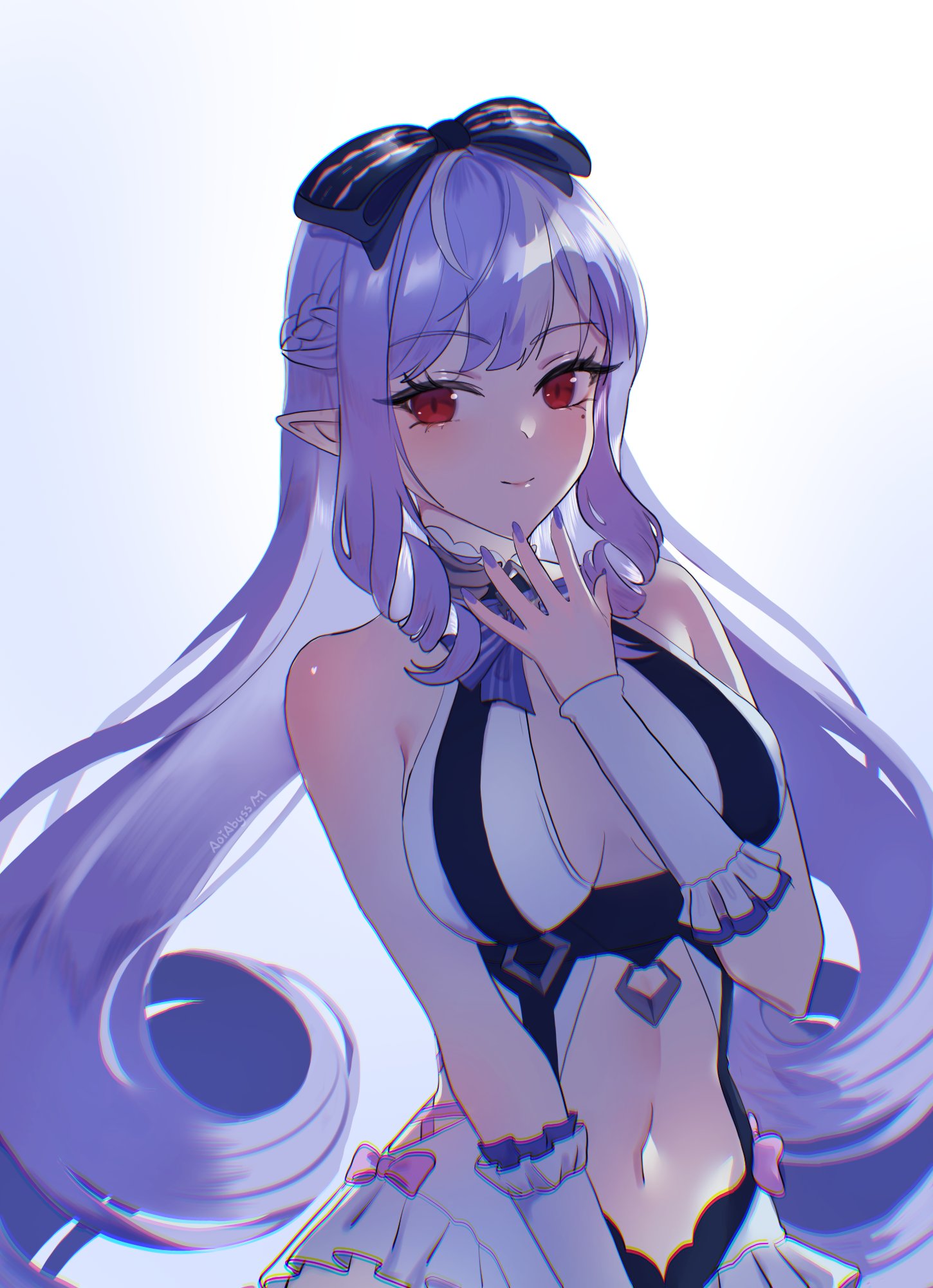 1girls, aoiabyss, bare shoulders, breasts, breasts apart, chromatic aberration, clothed, clothing, colored inner hair, colored nails, detailed eyes, exposed breasts, eyes, female, frills, hair, horizontal ears, hoyoverse, light purple hair, light skin, light-skinned female, lilac hair, long hair, long nails, mihoyo, mole under eye, nails, navel, official alternate costume, painted nails, pale skin, pale-skinned female, pink lips, pointy ears, purple hair, purple nails, purple theme, red eyes, shoulder blush, shoulders, side cutout, skinny, slender waist, small breasts, small hands, small mouth, smile, smiling, solo, swimsuit, two tone hair, vivian banshee, vivian banshee (iris of the shore), white swimsuit, zenless zone zero