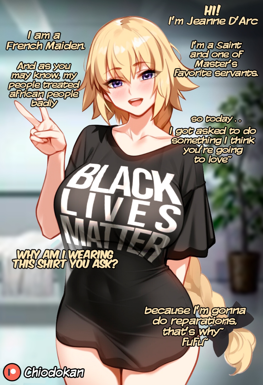 ai assisted, ai generated, bedroom, black lives matter, black shirt, blacked, blonde hair, blue eyes, cheating, cheating girlfriend, chiodokan, dark skin, dark skinned male, dialogue, fate (series), fate/grand order, female, french, gigantic breasts, huge breasts, inferiority complex, jeanne d'arc (fate), light-skinned female, naked under clothes, smile, solo, talking to viewer, very wide hips, white girl