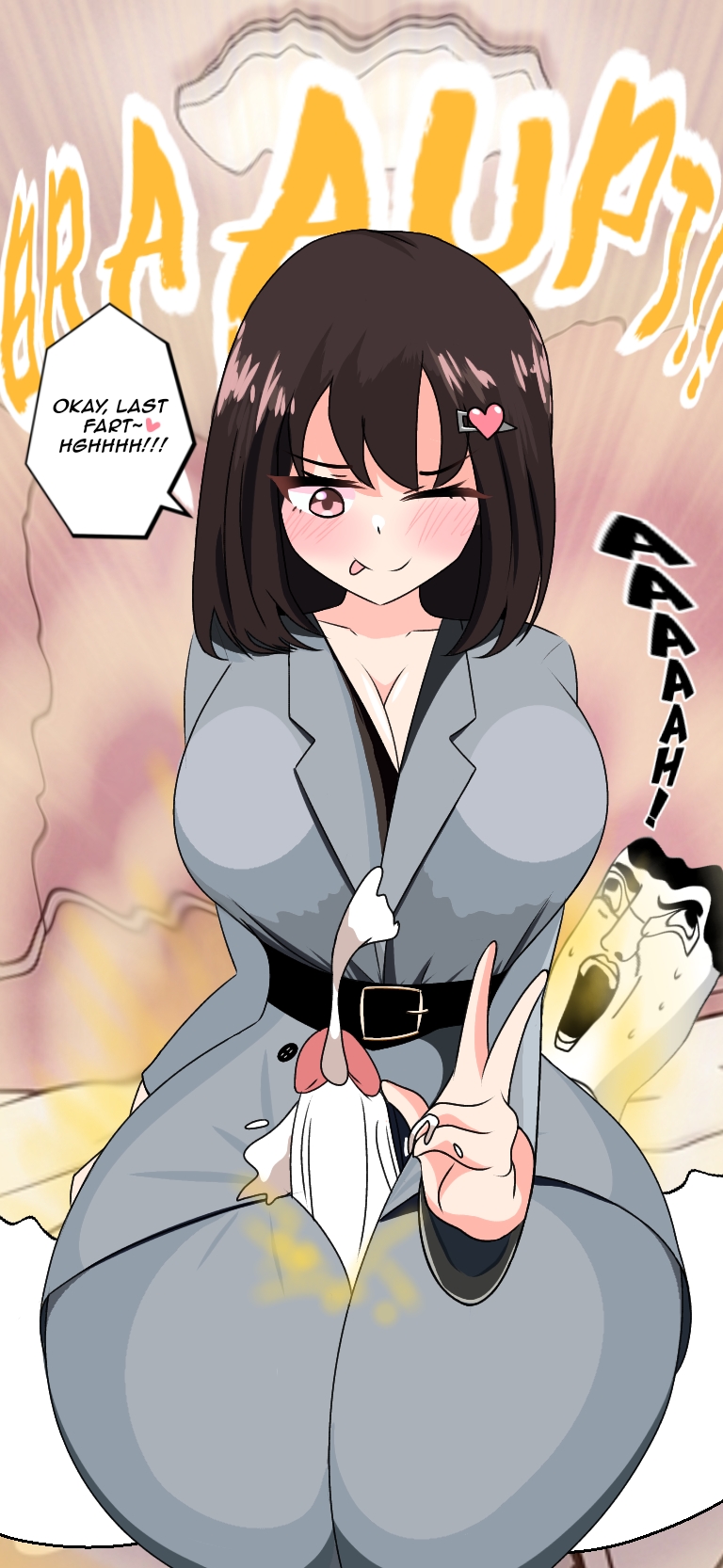 4chan, anime, big breasts, breasts, brown hair, chudjak, fart, fart fetish, fart torture, farting, farting on another, fartjob, gassy, gassy female, oc, office lady, original character, pink eyes, short hair, sitting, sitting on lap, sitting on penis, sitting on person, smelly, soyjak, suit, thigh sex, thighs, tongue out