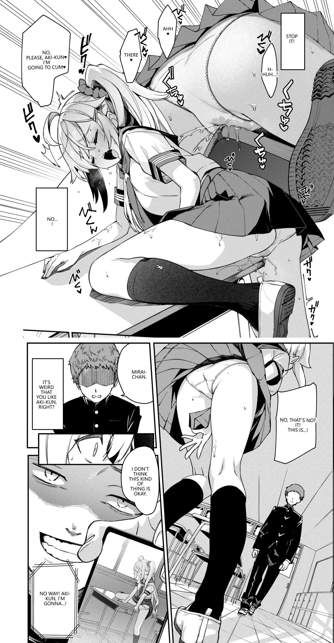1female, 1girls, about to cum, at school, black and white, blackmail, blush, blushing female, clitoral masturbation, clitoral stimulation, clitoris, clothed female, cutout panel, english text, english translation, female, female focus, female masturbation, japanese onomatopoeia, manga, manga page, masturbating, masturbating female, masturbation, no penetration, onomatopoeia, open eyes, panel cutouts, panties, pervert female, ponytail, public indecency, pussy, pussyrubbing through panties, school, school uniform, schoolgirl, schoolgirl uniform, socks, table, table humping, table masturbation, through clothes, through clothing, through panties, tie, tremble lines, trembling for pleasure, under skirt, voyeur