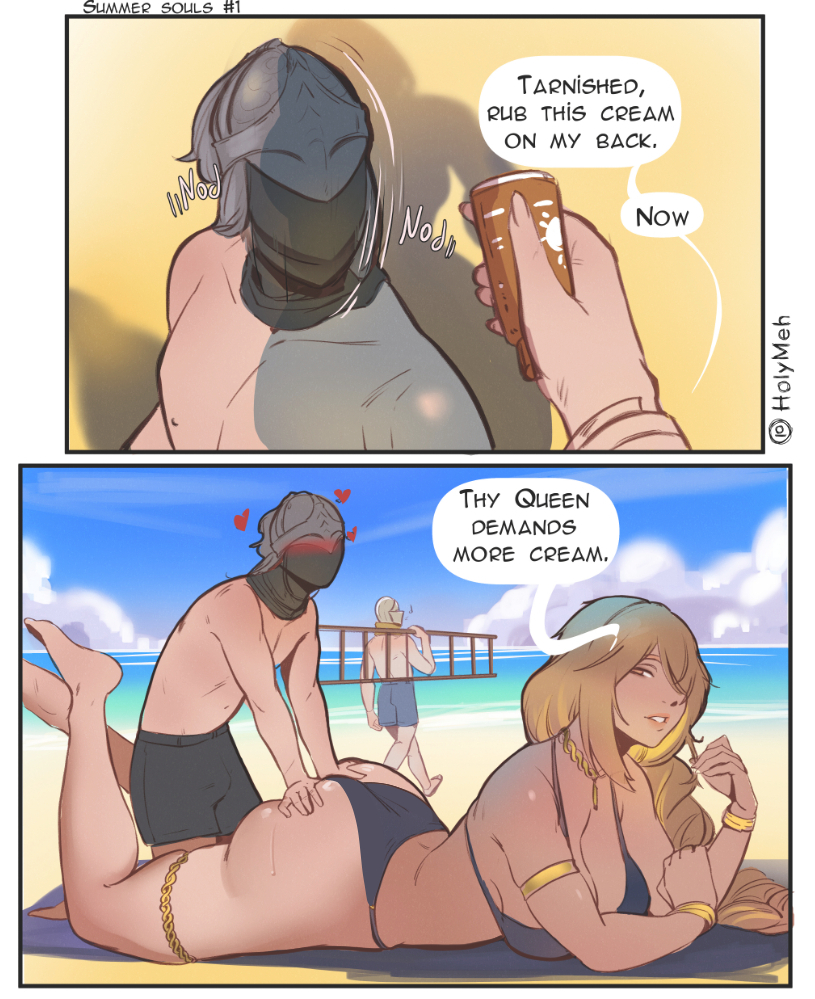 ass, big ass, bigger female, bug butt, couple, couple (romantic), elden ring, female, female focus, fromsoftware, height difference, helmet, holy meh, holymeh, large ass, large butt, larger female, light skin, light-skinned female, light-skinned male, lotion, milf, queen marika the eternal, shorter male, size difference, smaller male, sunscreen, tarnished, tarnished (elden ring)