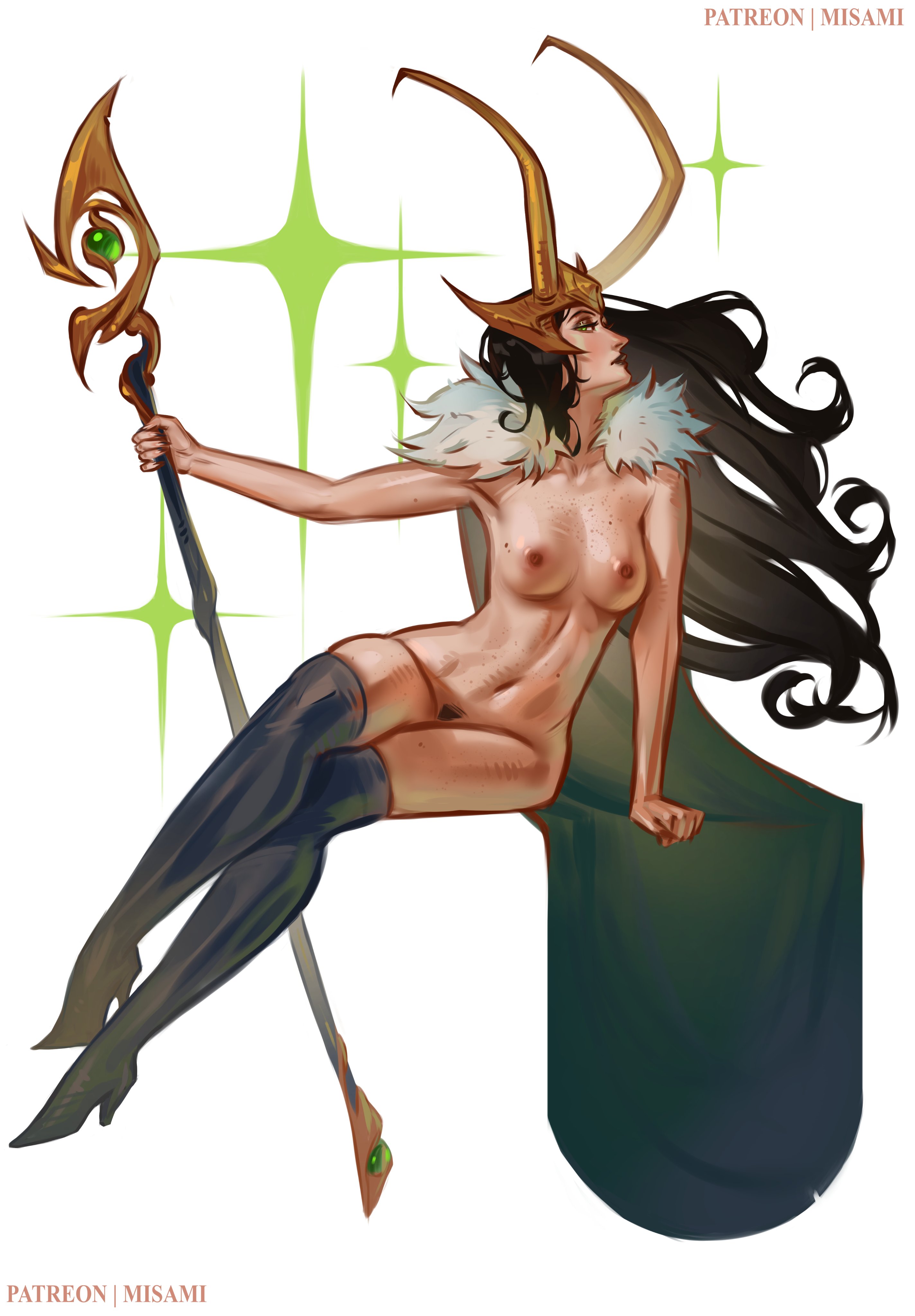 2d, absurd res, almost naked, alternate version available, artistic nude, artistic nudity, bare arms, bare breasts, bare legs, bare midriff, bare shoulders, bare thighs, black boots, black hair, boots, breasts, breasts out, clothed, clothing, curvaceous, curvaceous body, curvaceous female, curvaceous figure, curves, curvy, curvy body, curvy female, curvy figure, curvy hips, digital drawing (artwork), digital media (artwork), digital painting (artwork), female, female focus, female only, fine art parody, fully naked, fully nude, genderswap (mtf), gold jewelry, high heel boots, high resolution, highres, hips, lady loki, lady loki (marvel rivals), loki (marvel), long hair, marvel, marvel comics, marvel rivals, medium breasts, misami, naked footwear, nonsexual, nonsexual nudity, pale skin, pale-skinned female, perky breasts, pinup, posing, posing for the viewer, pubes, pubic hair, rule 63, solo, solo female, solo focus, tasteful, tasteful nudity, thick thighs, thigh boots, thighs, wide hips, wide thighs