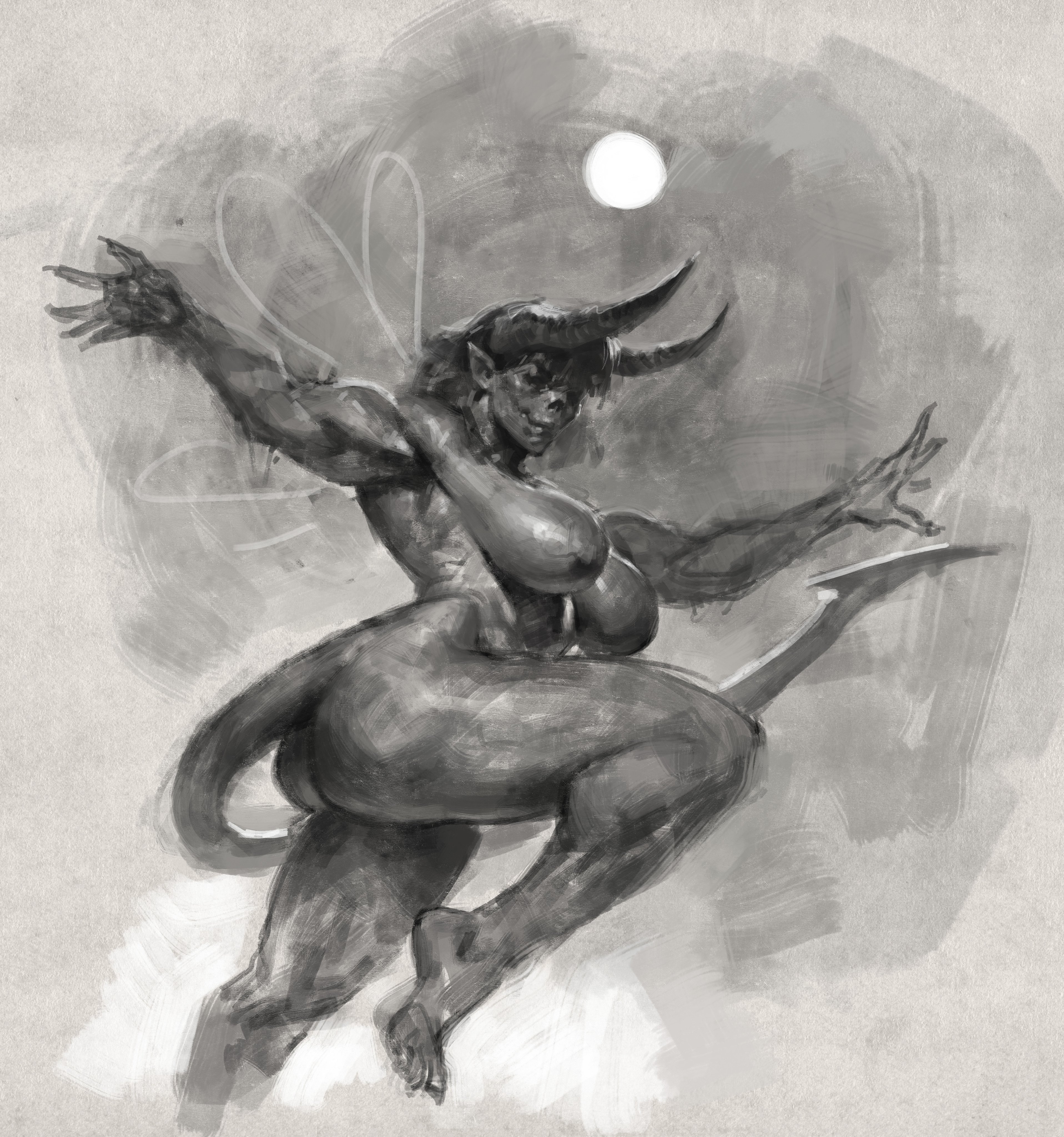 areola, areolae, artistic nude, artistic nudity, ass, bare arms, bare breasts, bare midriff, breasts, breasts out, clavicle, curvaceous, curvaceous female, curvaceous figure, curvy, curvy body, curvy female, curvy figure, curvy hips, curvy thighs, demon, demon girl, demon horns, digital drawing (artwork), digital media (artwork), digital painting (artwork), exposed breasts, exposed nipples, fantasy, female, female focus, female only, fully naked, fully nude, greyscale, hips, horn, horns, hourglass figure, hourglass figured female, huge breasts, justsomenoob, large ass, large breasts, lilith (brkn pncl), monochrome, muscular, muscular arms, muscular female, nipples, nonsexual, nonsexual nudity, original, original character, painting (artwork), solo, solo female, solo focus, tail, tasteful, tasteful nudity, wide hips