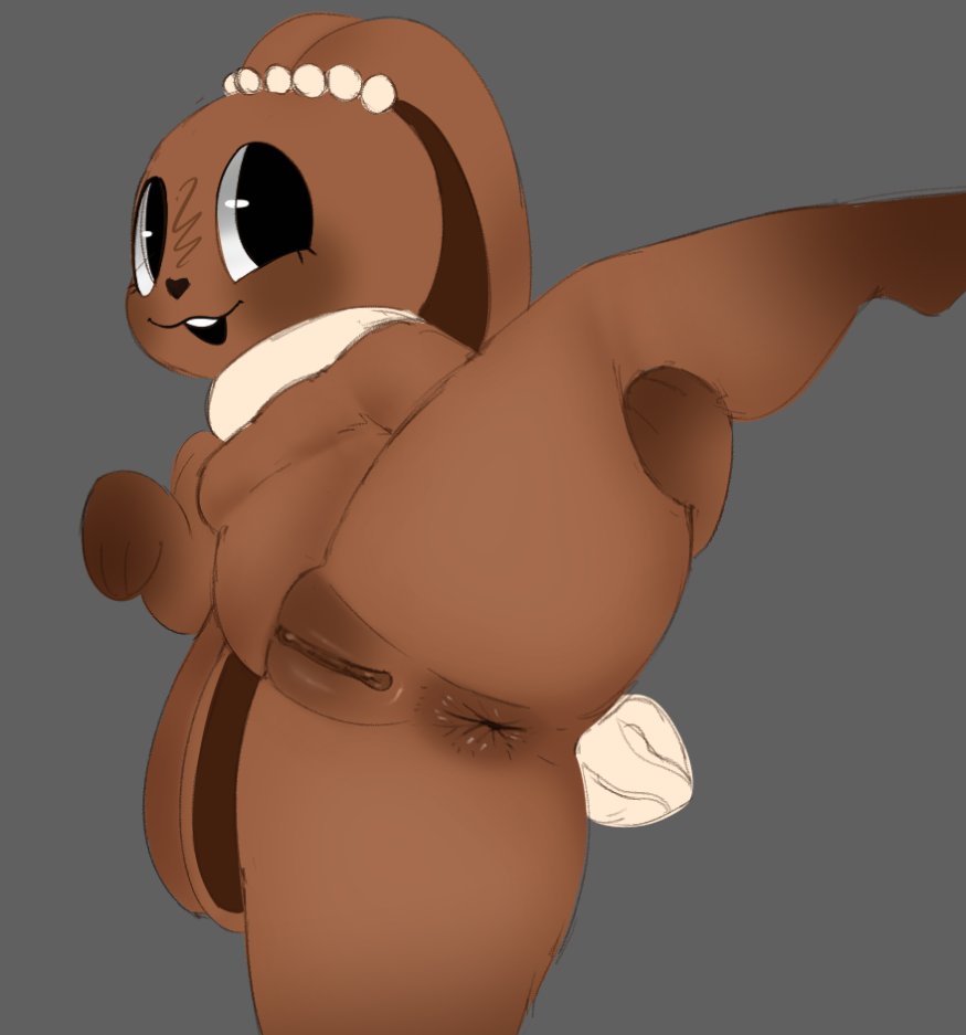 anthro, anus, big ears, black eyes, black nose, blushcrunch studio, breasts, brown body, brown fur, cocoa (dandy's world), dandy's world, featureless breasts, female, flexible, floppy ears, front view, fur, genitals, grey background, lagomorph, leporid, long ears, looking at viewer, lop ears, mamasoyanini, mammal, neck tuft, nude, one leg up, rabbit, raised leg, simple background, small breasts, smile, solo, splits, spread legs, spreading, standing, thick thighs, toon (dandy's world), tuft, vertical splits, vulva, wide hips