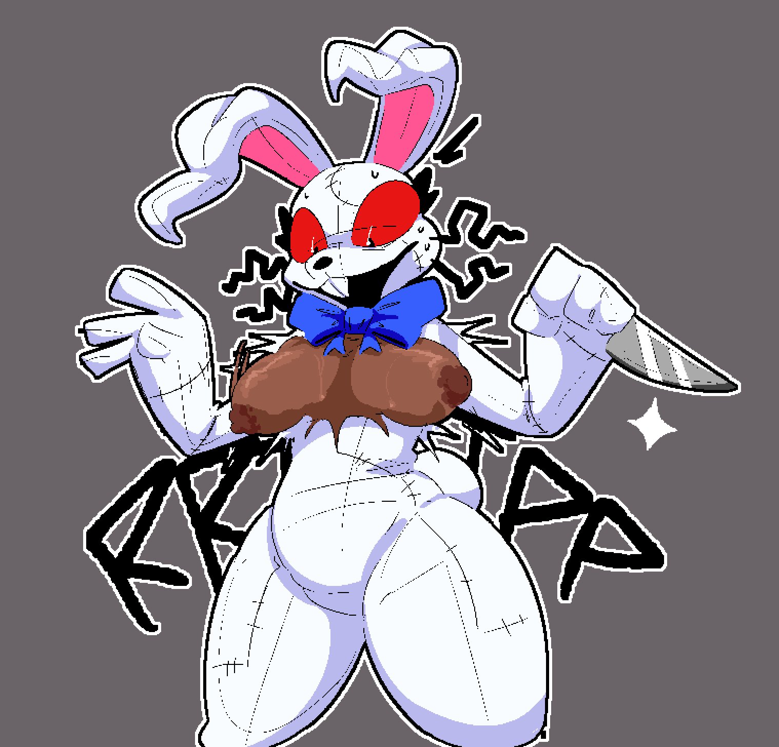 1girl, 1girls, black eyes, black nose, blue bow tie, breakcoreyuri, breasts, brown areola, brown nipples, buckteeth, dark skin, dark-skinned female, exposed breasts, eyelashes, female, five nights at freddy's, five nights at freddy's: security breach, five nights at frickbears, five nights at frickbears 3, front view, fursuit, grey background, holding knife, knife, red sclera, ripped clothing, solo, solo female, thick thighs, torn clothes, torn clothing, torn fursuit, vannabelle (frickbears 3), vannabelle dewlap, vanny (fnaf), vanny (frickbears), wardrobe malfunction, whiskers, wide hips