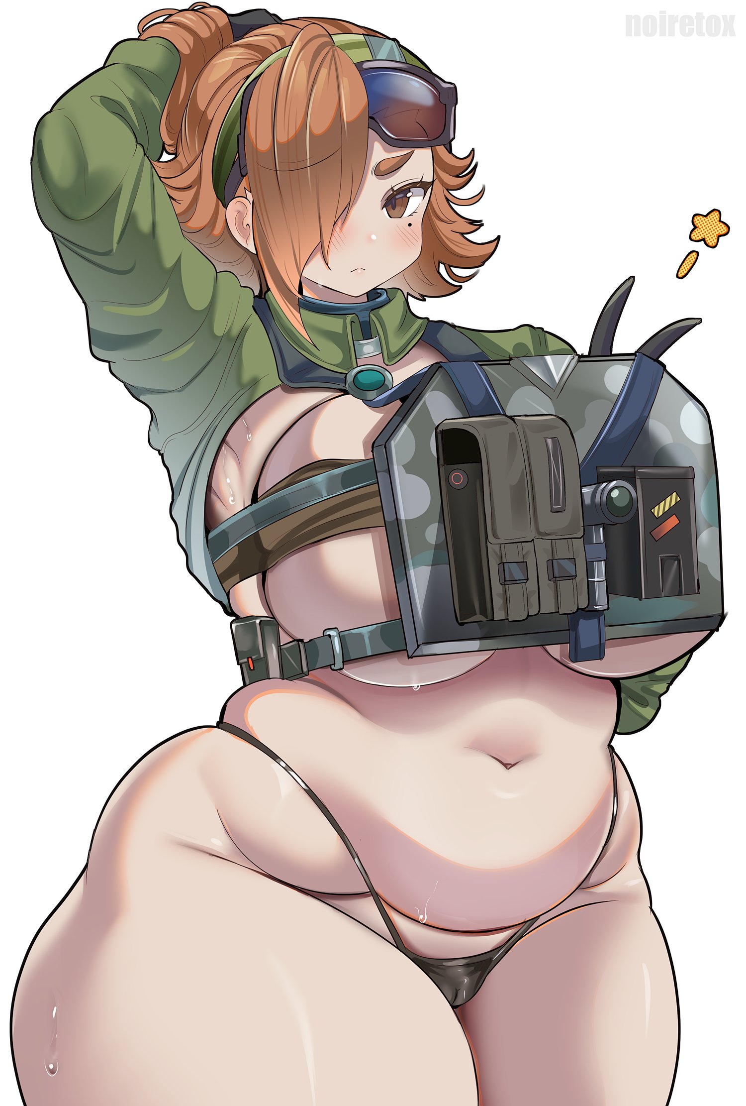 1girls, arm up, armpits, balthilde (girls' frontline 2), bbw, big breasts, breasts, brown eyes, cameltoe, chestplate, chubby, chubby female, closed mouth, clothing, eyewear, eyewear on head, feet out of frame, female, female only, frown, girls' frontline, girls' frontline 2: exilium, gloves, goggles, goggles on head, large breasts, looking at viewer, mole, mole under eye, navel, noiretox, orange hair, panties, plump, shrug (clothing), sideboob, sweat, sweatdrop, thick thighs, thong, v sign