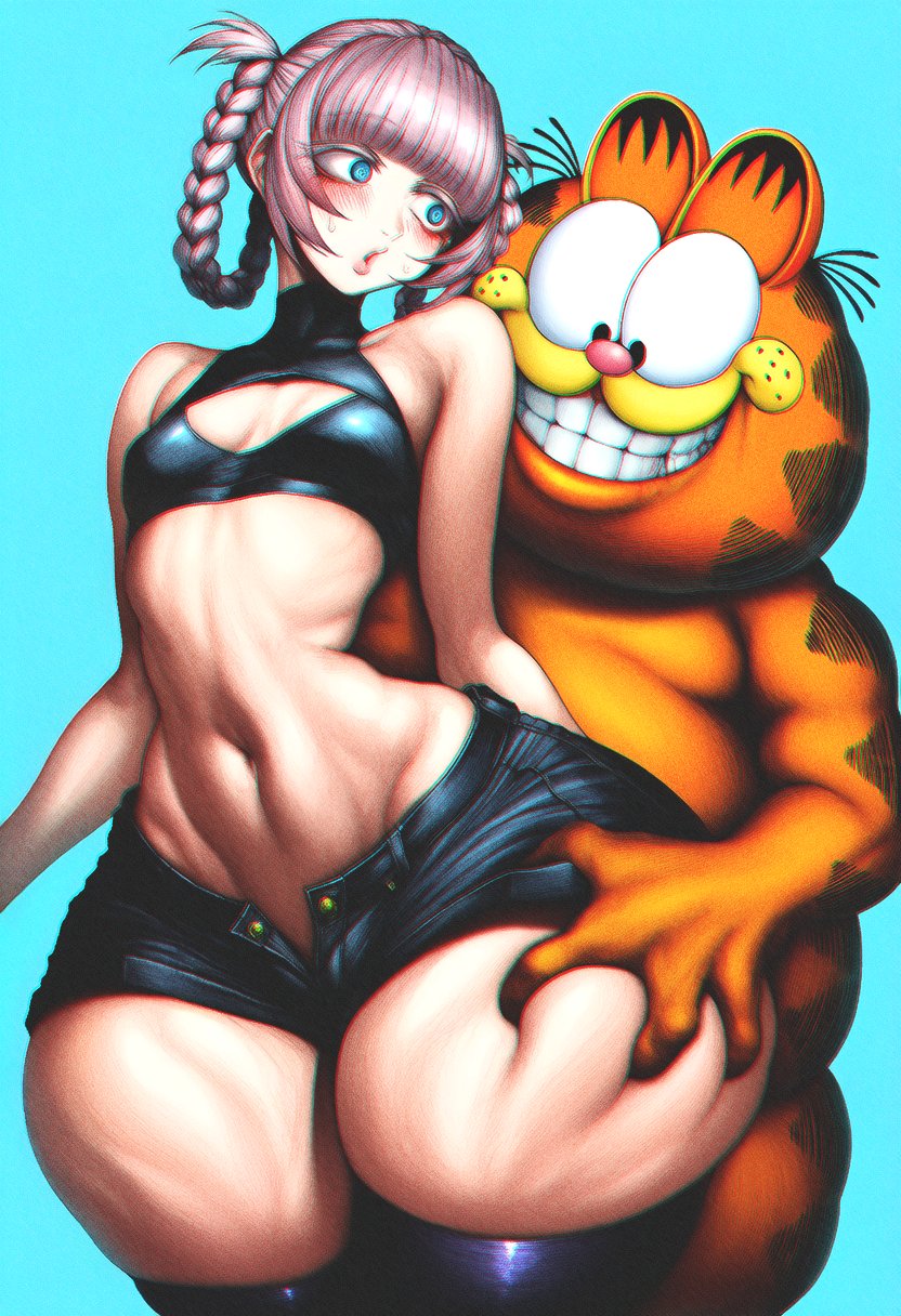 ai generated, anthro, call of the night, garfield the cat, goddamnparasite, huge thighs, nanakusa nazuna, thick thighs, weird crossover