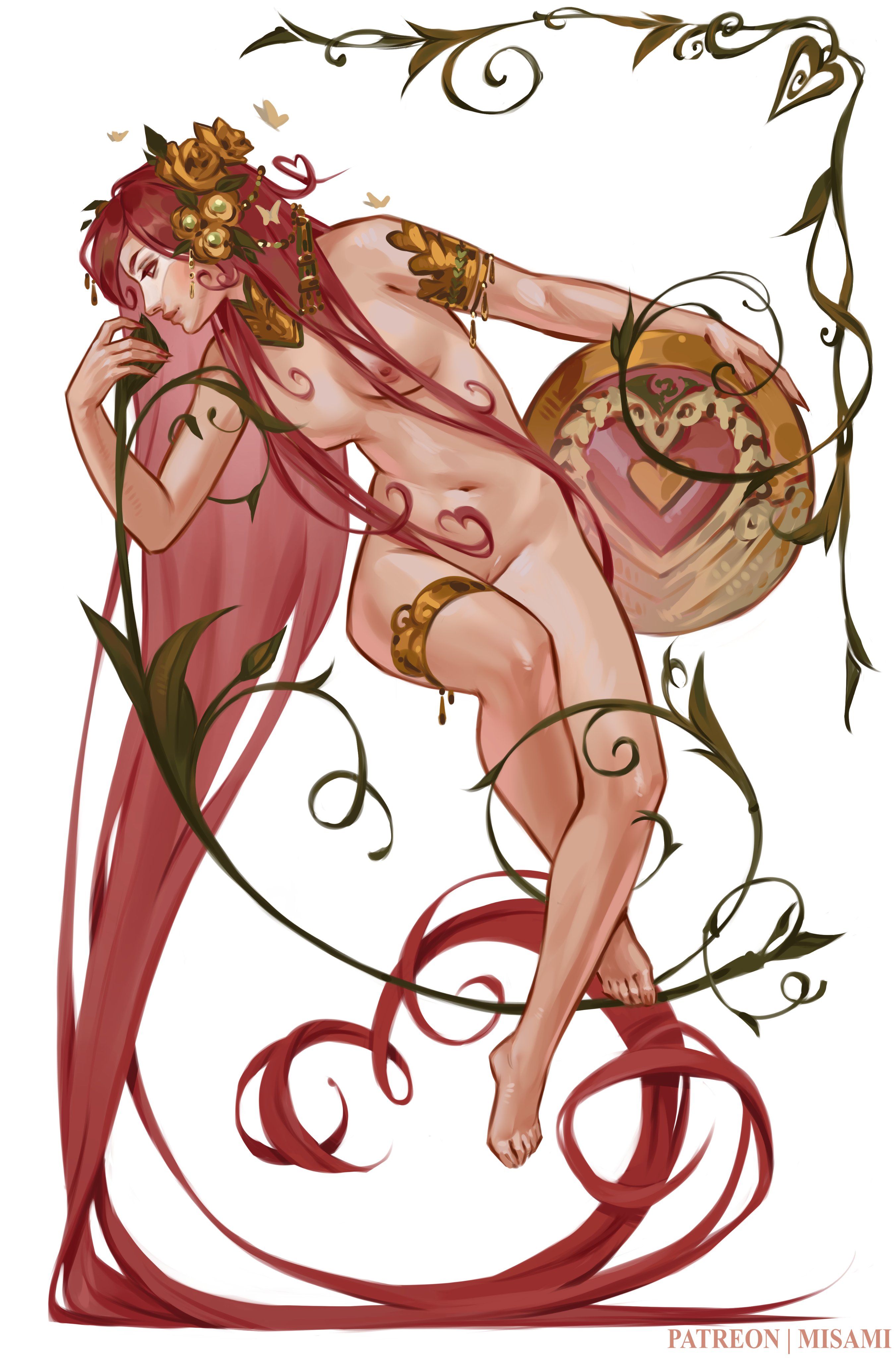 absurd res, almost naked, aphrodite, aphrodite (hades), areola slip, areolae slip, artistic nude, artistic nudity, bare arms, bare breasts, bare legs, bare midriff, bare shoulders, bare thighs, breasts, breasts out, casual, convenient censoring, covered navel, covered nipples, curvaceous, curvaceous body, curvaceous female, curvaceous figure, curves, curvy, curvy body, curvy female, curvy figure, curvy hips, digital drawing (artwork), digital media (artwork), digital painting (artwork), female, female focus, female only, fine art parody, fully naked, fully nude, gold jewelry, hades (game), high resolution, highres, hips, labia, long hair, medium breasts, misami, nonsexual, nonsexual nudity, nudist, one breast out, pale skin, pale-skinned female, perky breasts, pink eyes, pink hair, pussy, solo, solo female, solo focus, tasteful, tasteful nudity, thighs, vagina, vulva, weapon, wide hips