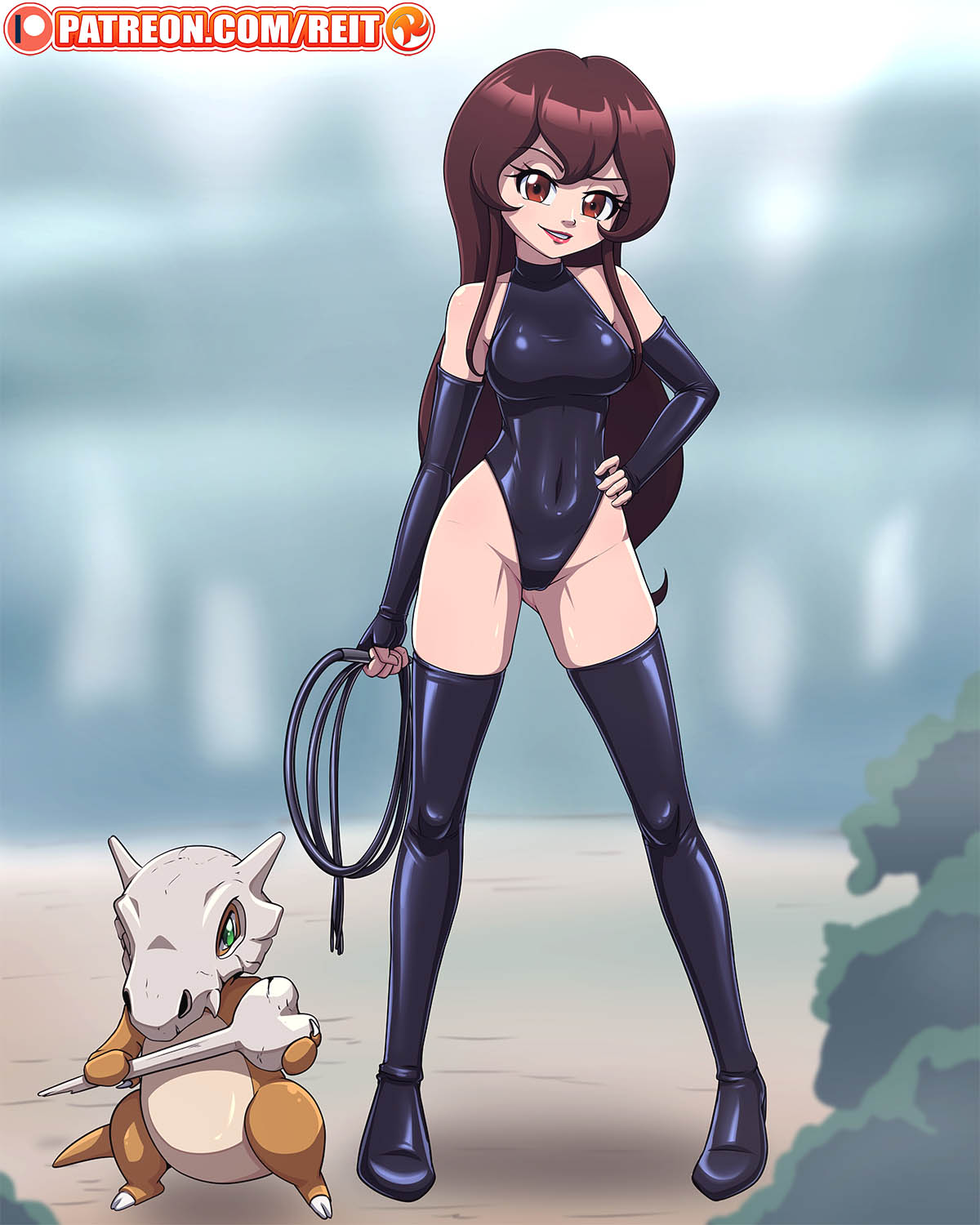 background big_breasts boots brown_eyes brown_hair cubone femdom giselle_(pokemon) gloves karakara_(pokemon) latex latex_boots latex_gloves latex_thighhighs long_hair looking_at_viewer patreon pokemon pokemon_(species) pokemon_trainer reit smile straight_hair thigh_boots whip