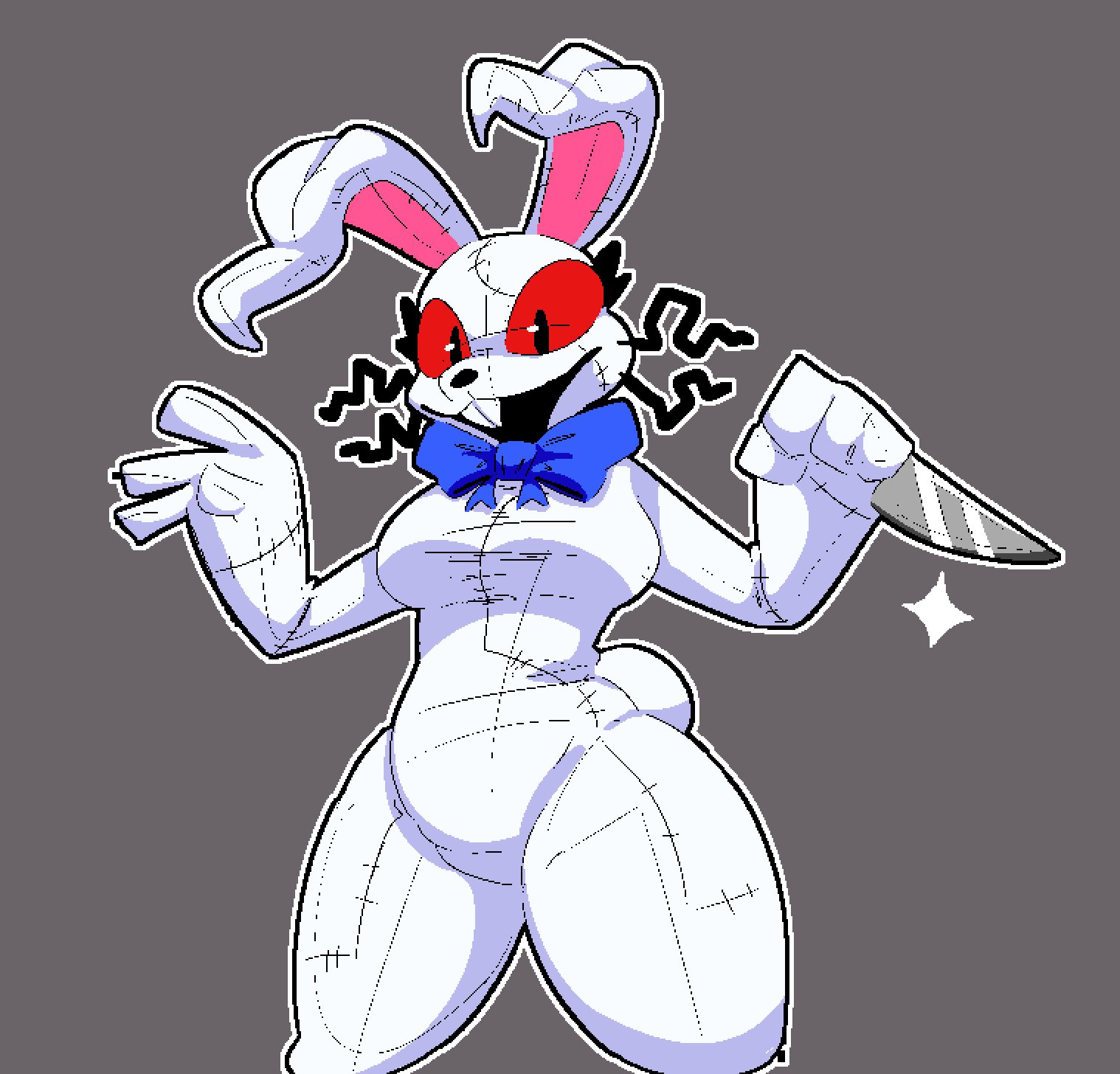 1girl, 1girls, black eyes, black nose, blue bow tie, breakcoreyuri, breasts, buckteeth, eyelashes, female, five nights at freddy's, five nights at freddy's: security breach, five nights at frickbears, five nights at frickbears 3, front view, fursuit, grey background, holding knife, knife, red sclera, solo, solo female, thick thighs, vannabelle (frickbears 3), vanny (fnaf), vanny (frickbears), whiskers, wide hips