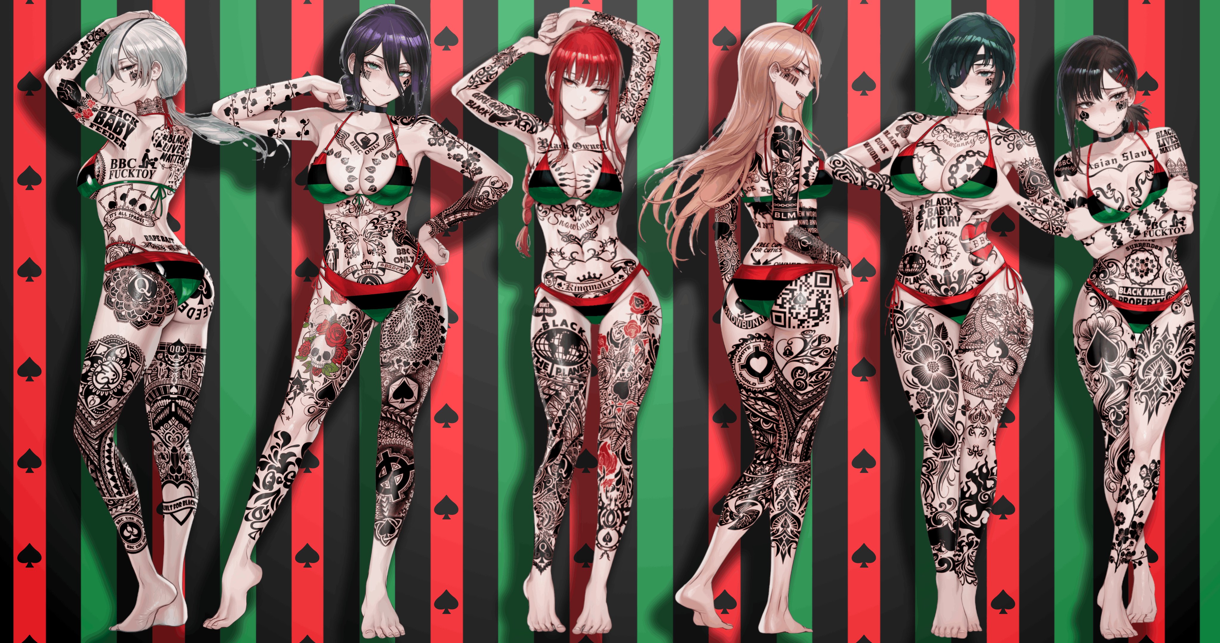 6girls, ai generated, anime, basicallynomore, blacked, chainsaw man, female, female only, kobeni higashiyama, looking at viewer, makima (chainsaw man), pan african colors, pan-african flag bikini, power (chainsaw man), pubic tattoo, qos, qos tattoo, quanxi (chainsaw man), queen of spades, queen of spades symbol, queen of spades tattoo, reze (chainsaw man), tattoo, tattoos, white skin