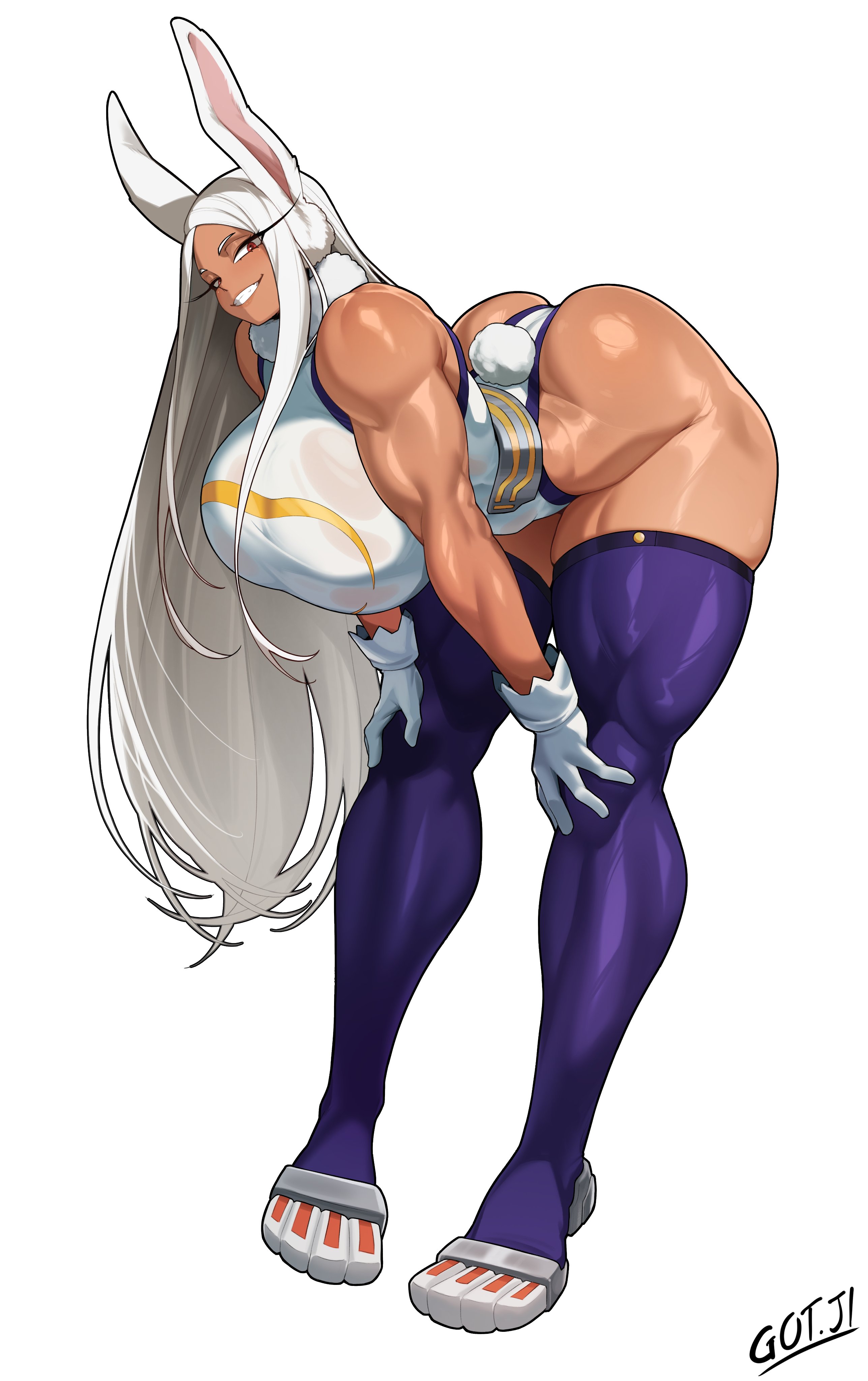 1girls, 2026, 2d, 2d (artwork), abs, absurd res, absurdres, alternate breast size (larger), animal ears, artist name, ass, ass focus, athletic, back view, bare shoulders, bent over, big ass, big breasts, big thighs, boku no hero academia, breasts, bunny ears, bunny girl, bunny tail, busty, child bearing hips, clothing, commentary, crescent print, curvaceous, curves, curvy, curvy body, curvy female, curvy figure, dark skin, dark-skinned female, english commentary, eyelashes, female, female focus, female only, full body, fur collar, furry, gloves, gojich1, got ji (gojich1), grin, hands on own knees, hanging breasts, hi res, highleg, highleg leotard, highres, hips, hourglass figure, huge ass, huge breasts, human only, large ass, large breasts, large thighs, leotard, long eyelashes, long hair, looking at viewer, low-angle view, mirko, miruko, muscular, muscular arms, muscular female, my hero academia, nipple bulge, oily, oily skin, parted bangs, purple thighhighs, pussy, rabbit ears, rabbit girl, rabbit tail, red eyes, round ass, rumi usagiyama, skindentation, smile, solo, solo female, solo focus, tail, tail through clothes, tanned, tanned skin, taut leotard, teeth, thick thighs, thighhighs, thighs, tomboy, toned, toned female, very long hair, voluptuous, white gloves, white hair, white leotard, wide hips
