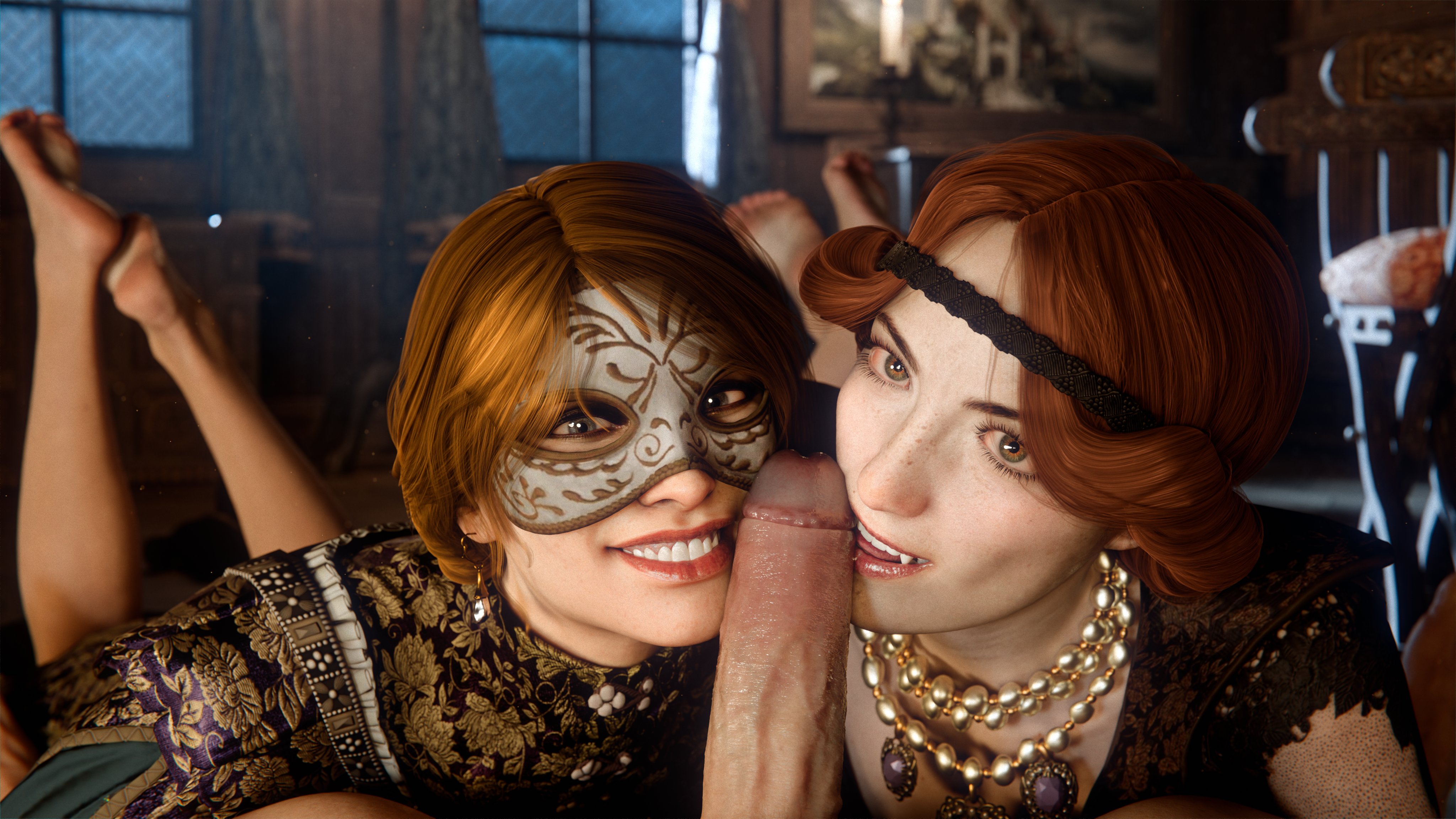 1boy, 2girls, 3d, 3d (artwork), anna henrietta, arcasad, blender, blonde hair, cd projekt red, feet, feet up, female, freckles, imminent fellatio, imminent oral, light skin, light-skinned female, light-skinned male, looking at viewer, male, male pov, mascara, mask, masked female, necklace, orianna (the witcher), penis, penis on face, red hair, smile, smiling at viewer, the witcher (series), the witcher 3: wild hunt, toussaint, vampire, vampire girl, vampire teeth