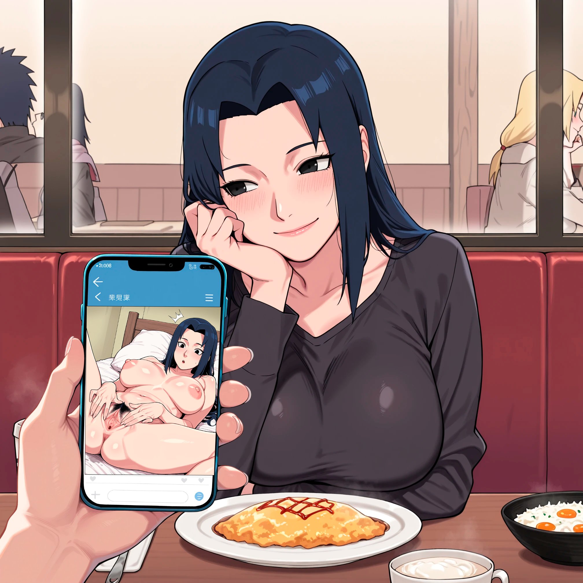 1boy, 1girls, ai generated, ass, big breasts, black eyes, black hair, blush, breasts, cellphone, chair, china dress, chinese clothes, cleavage, clothing, completely nude, date, dress, drink, female, food, holding object, human male, indoors, light skin, light-skinned female, light-skinned male, long hair, male, male pov, mature, mature female, milf, naked, naked female, narugirlshot, naruto, naruto (series), naruto shippuden, naughty, naughty face, naughty smile, no bra, nude, nude female, omelette, partial male, pov, pov hands, presenting, presenting ass, presenting pussy, pussy, restaurant, rice, seducing, sending nudes, sending photo, sitting, solo, solo focus, table, teasing, teasing viewer, uchiha mikoto, upper body, white skin