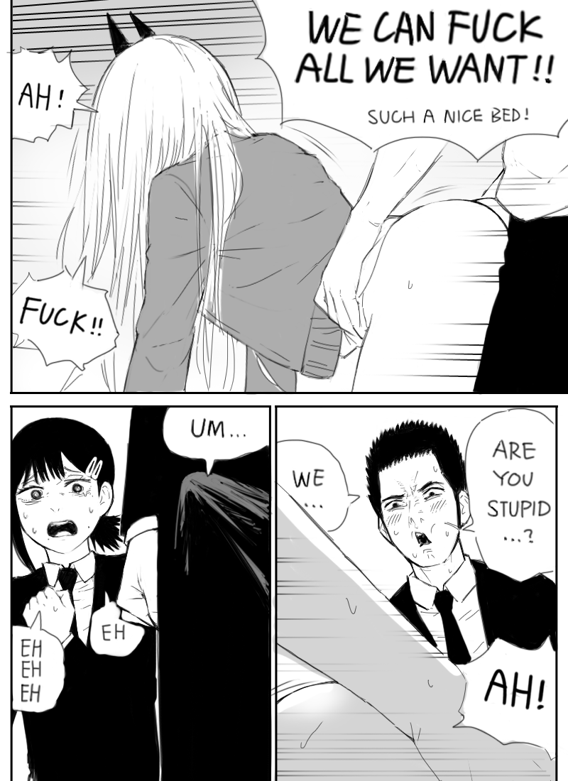 1girls, 2boys, 2girls, arai hirokazu, ass, chainsaw man, deep penetration, demon, demon girl, denji (chainsaw man), dialogue, dirty, doggy style, english text, eyelashes, female, first porn of character, fringe, from behind, funny, higashiyama kobeni, horns, male, monochrome, pale skin, panels, pink hair, pounding, power (chainsaw man), pussy, red eyes, scared, schoolgirl, sharp teeth, shounen jump, shpo, slim, teenager, text, unusual anatomy, unusual eyes, unusual pupils, yellow eyes