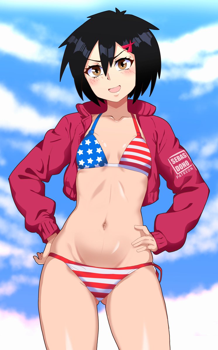american flag bikini, bikini, black hair, blue sky, brown eyes, cropped jacket, female torso, hands on hips, looking at viewer, marvel, peni parker, peni parker (earth-14512), petite body, red jacket, sebasdono, spider-man (series), spider-man: across the spider-verse