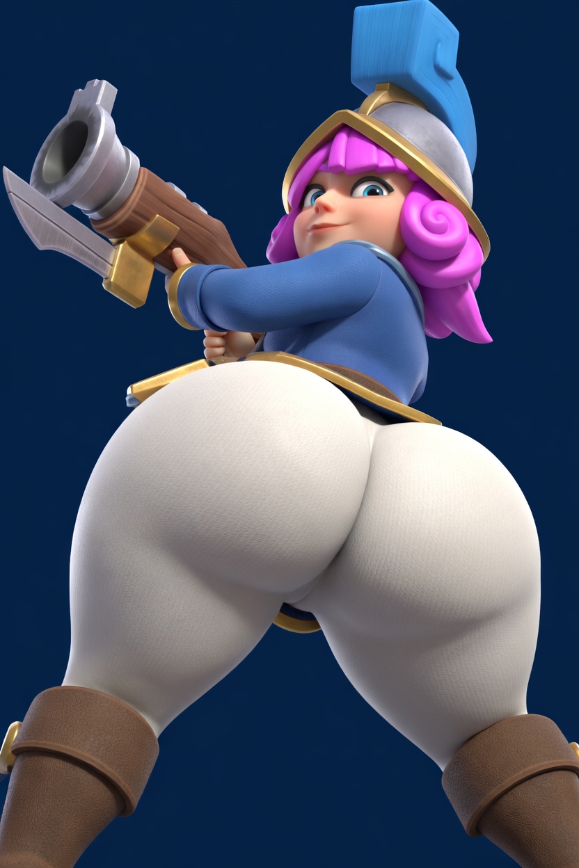 ai generated, ass, ass focus, big ass, big butt, blue eyes, clash (series), clash royale, fat ass, fat butt, female, female focus, female only, gemini, huge ass, huge butt, lipstick, massive ass, massive butt, phat ass, purple hair, short hair, three musketeers (clash royale)