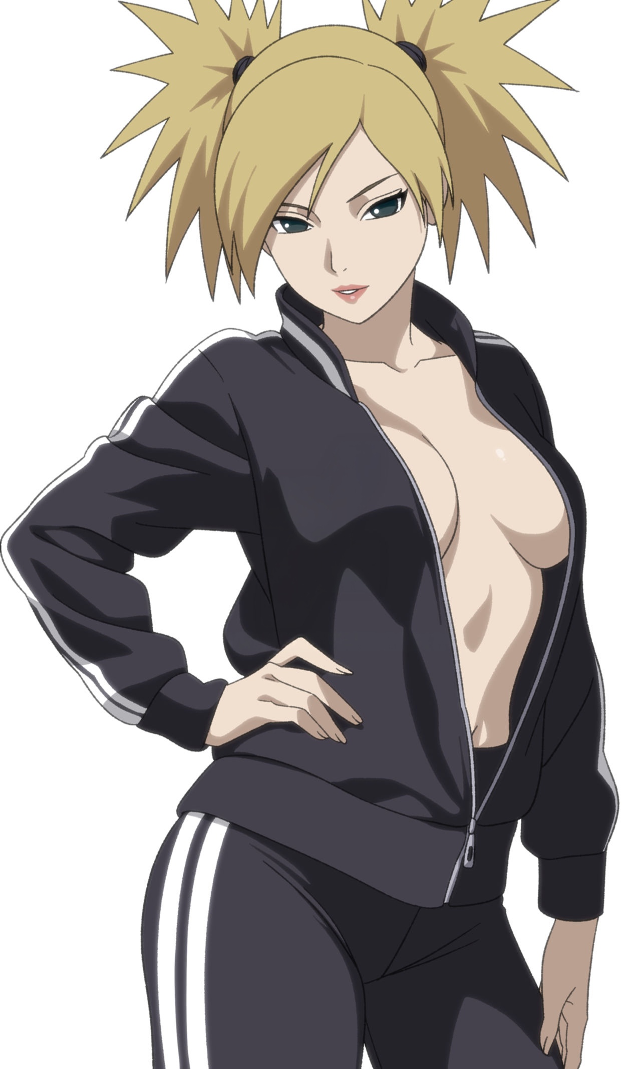 1girls, accurate art style, alternate costume, big breasts, blonde hair, breasts, brown skin, busty, cleavage, clothing, female, female only, hair bun, hourglass figure, jacket, jumpsuit, kiripetals, large breasts, lipstick, makeup, midriff, naruto, naruto (series), naruto shippuden, naruto: the last, navel, no bra, no bra under clothes, oppai, pants, pinup, plain background, plump, simple background, solo, swept bangs, temari, tied hair, top heavy, top heavy breasts, track jacket, track pants, track suit, twintails, undressing, voluptuous, voluptuous female, white background, workout clothes