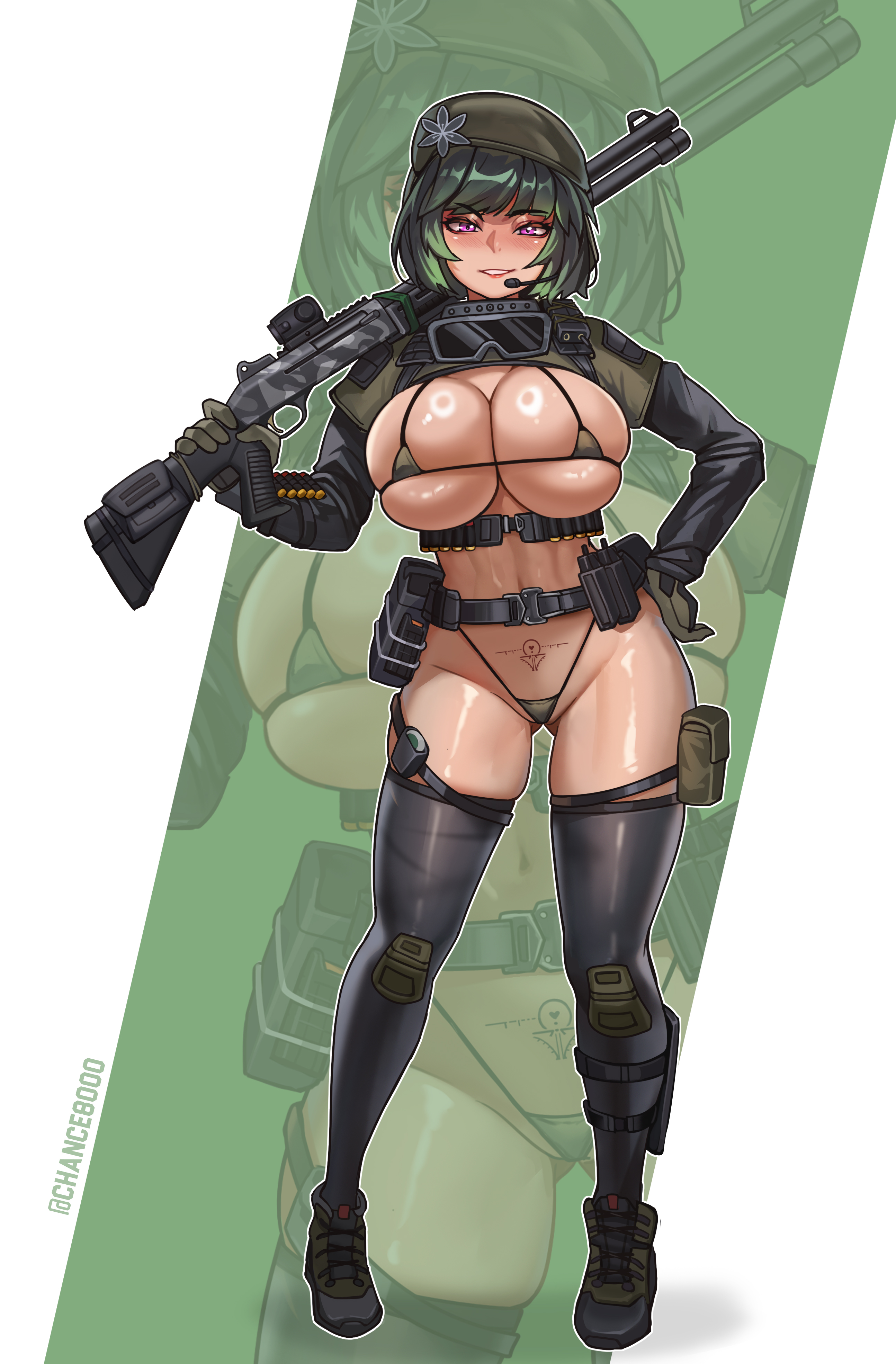 1girls, bikini, chance8000, cleavage, female, female only, gun, holding weapon, military, military girl, military uniform, pubic tattoo, revealing clothes, shotgun, skimpy clothes, skindentation, tattoo, thighhighs, unifrom, weapon