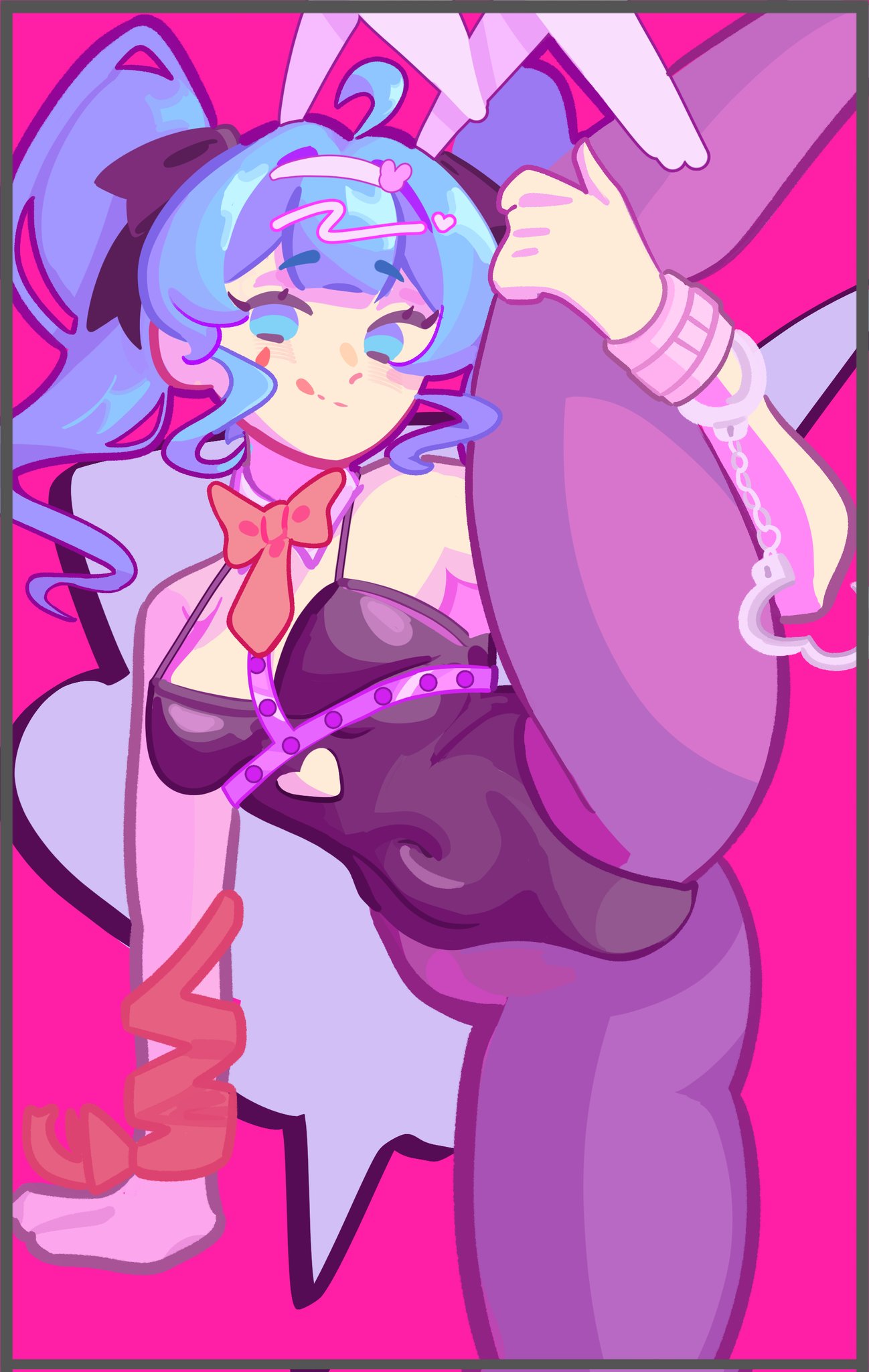 :q, 1girl, ahoge, animal ears, ass, bangs, big ass, big butt, big thighs, black bow, black leotard, blue eyes, blue hair, border, bow, bowtie, breasts, bunny ears, bunny girl, bunny girl suit, bunnysuit, covered navel, cuffs, curvaceous, curvaceous female, curvaceous figure, curvy, curvy figure, curvy hips, detached collar, fake animal ears, female, female focus, female only, hair bow, hair ornament, hairclip, handcuffs, hatsune miku, heart, leg up, leotard, long hair, looking at viewer, pantyhose, pink background, playboy bunny, pog chantilly, q, rabbit ears, rabbit hole (vocaloid), red bow, short hair, simple background, smile, solo, standing, standing on one leg, tongue, tongue out, twintails, vocaloid