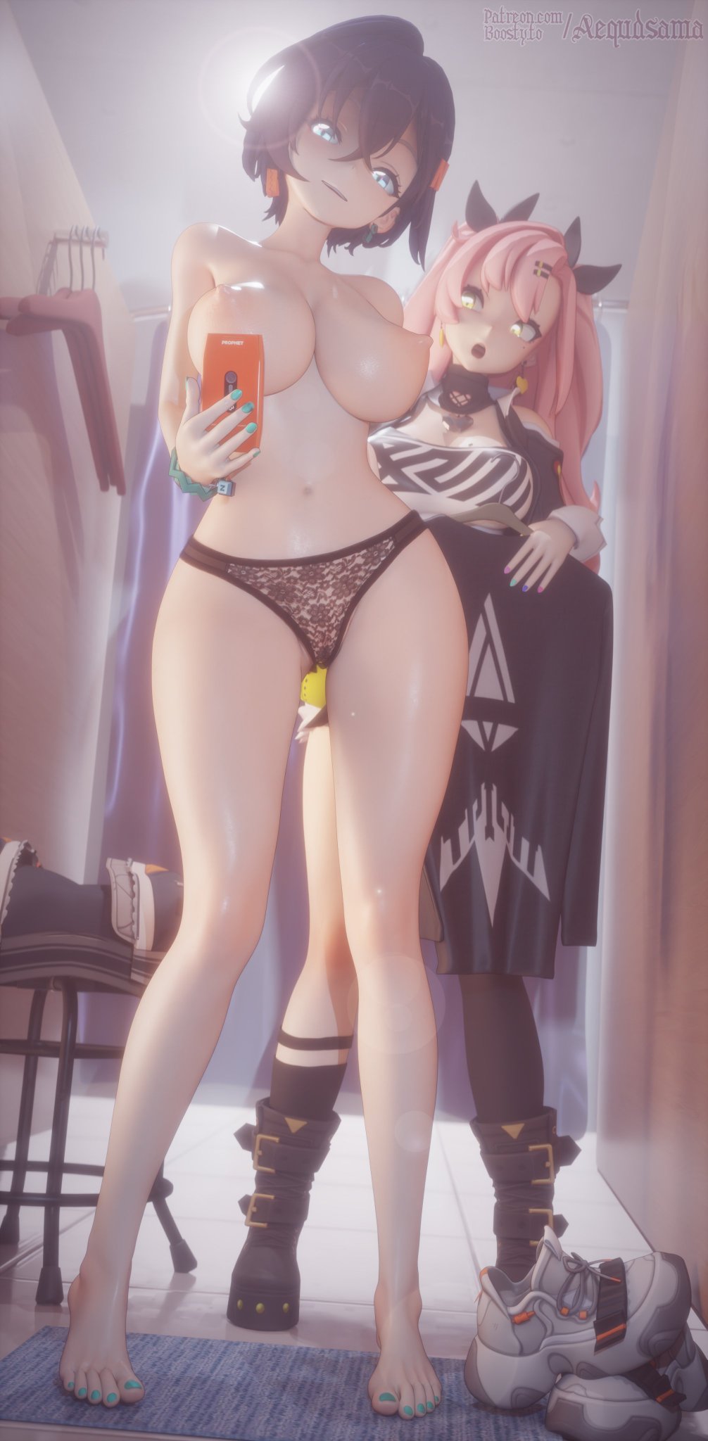 2girls, 3d, 3d model, aequd, alternate breast size, areolae, belle (zenless zone zero), big breasts, blue eyes, boots, breasts, chin length hair, dark blue hair, female, female only, green eyes, lace panties, large breasts, mirror, mirror selfie, navel, nicole demara, nipples, painted nails, painted toenails, pale skin, pale skinned female, panties, phone, pink areola, pink hair, pink nipples, selfie, thick thighs, twintails, wide hips, zenless zone zero