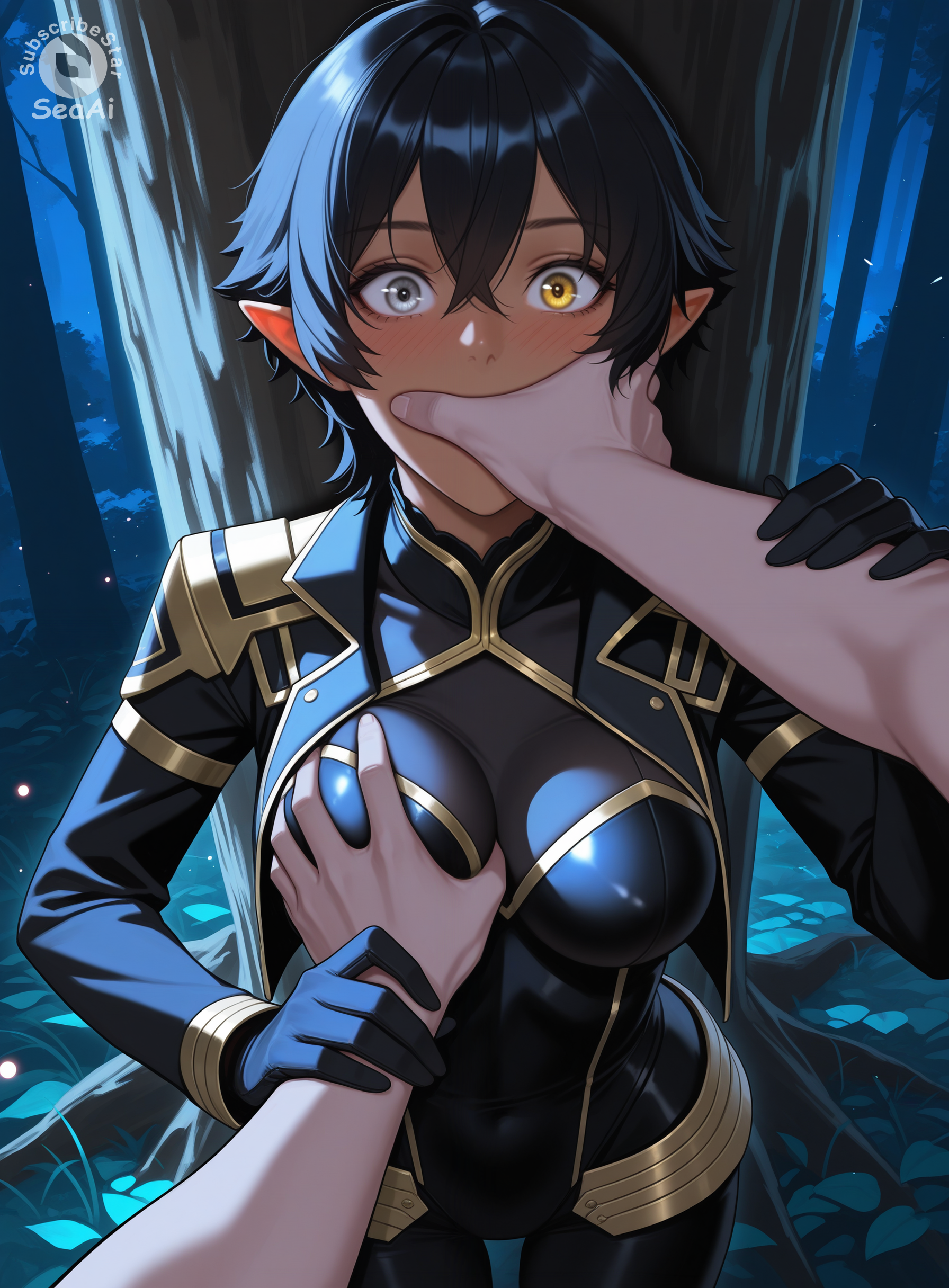 1boy, 1boy1girl, 1girls, ai generated, breast grab, covering another's mouth, covering mouth, cowboy shot, forest, grabbing another's breast, kage no jitsuryokusha ni naritakute!, looking at viewer, male pov, molestation, night, omega (the eminence in shadow), outdoors, pov, pov hands, pov male, seacreator, surprised, the eminence in shadow, tree, wide eyed, wide-eyed