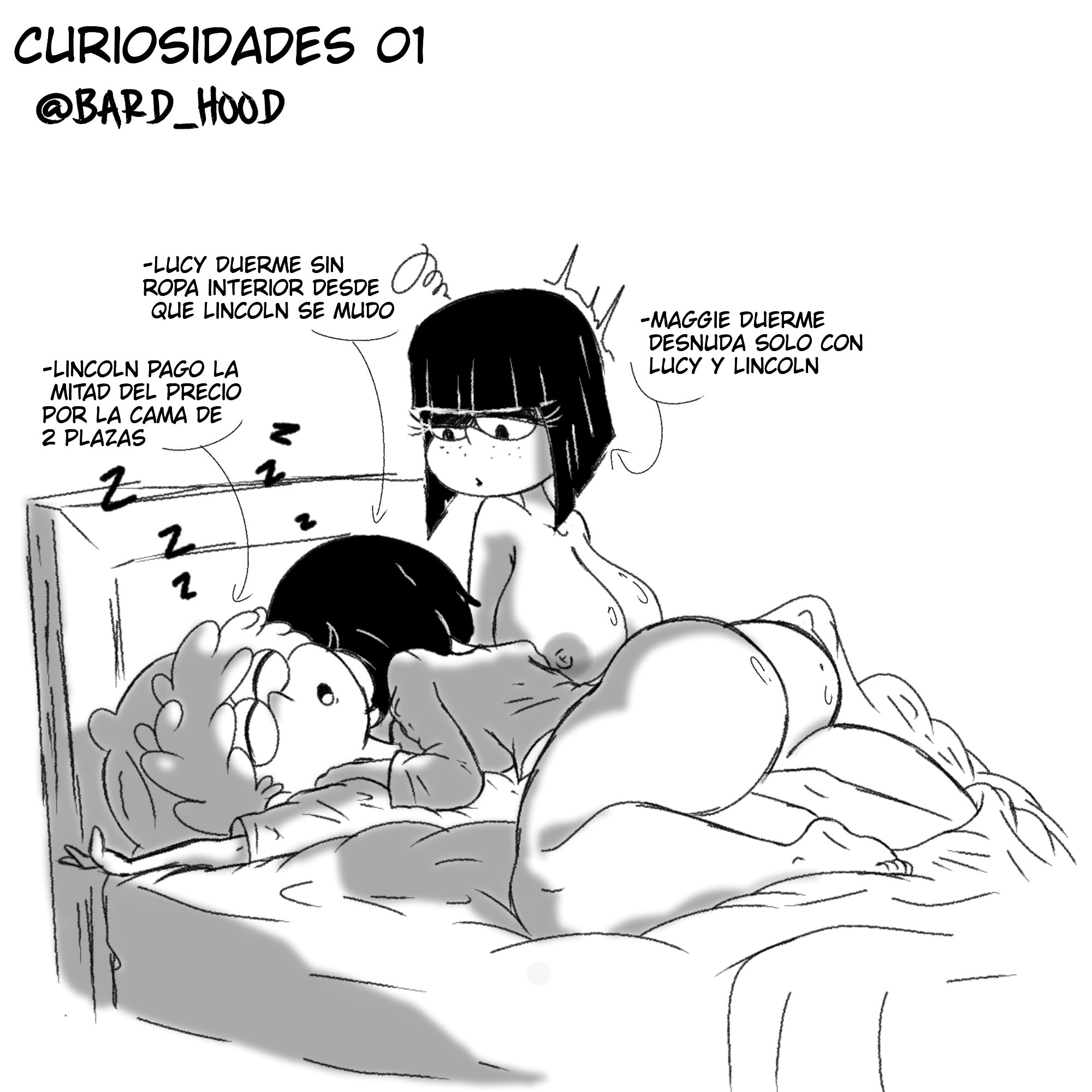 1boy, 2girls, after sex, aged up, aged up character, alternate universe, bard hood, bed, black and white, dizzy, facts, ffm threesome, lincoln loud, lucy loud, maggie (the loud house), monochrome, resting on partner, rogueartlove, sex, short hair, short-haired female, sleeping, sleeping after sex, spanish text, straight, straight sex, the loud house, threesome