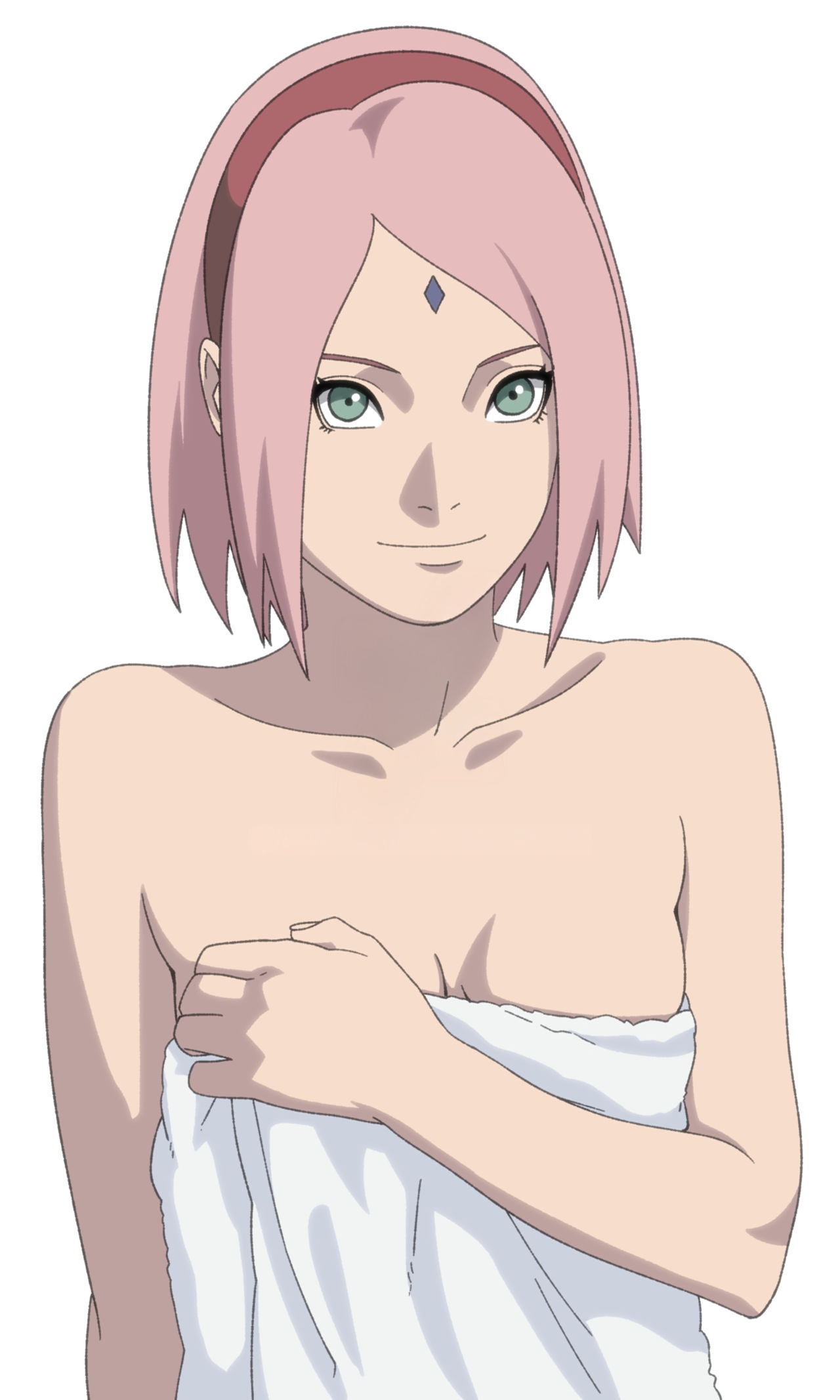 1girls, bare shoulders, boruto: naruto next generations, breasts, cleavage, closed mouth, collarbone, commentary, covering, covering self, english commentary, facial mark, female, forehead mark, green eyes, hairband, highres, kiripetals, looking at viewer, medium breasts, naked towel, naruto, naruto (series), naruto shippuden, naruto: the last, pink hair, red hairband, sakura haruno, short hair, simple background, small breasts, smile, solo, towel, upper body, watermark, web address, white background