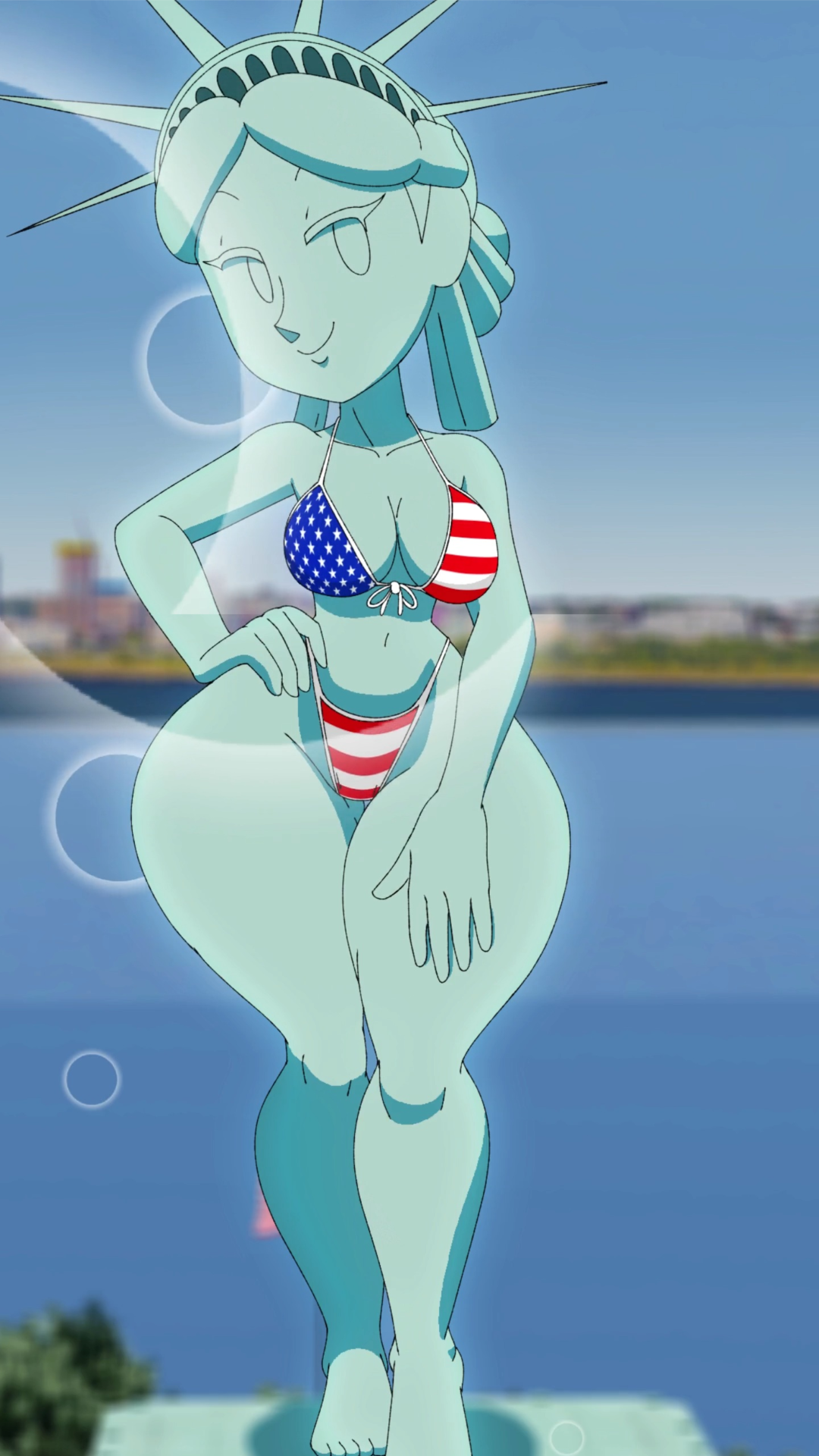 1girls, american flag bikini, barefoot, bikini, breasts, edit, edited, female, female focus, female only, navel, statue, statue of liberty, tansau, tansau's lady liberty, thick thighs, thighs
