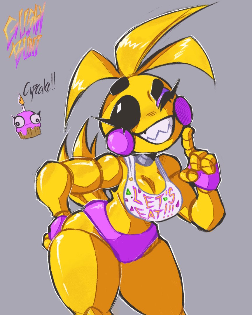 1girls, animatronic, animatronic female, beakless, chicken, chicken girl, cupcake (fnaf), female, five nights at freddy's, five nights at freddy's 2, fnaf, gushybuni, phasianid, robot, robot girl, scottgames, solo, thick thighs, toy chica (fnaf), yellow, yellow skin
