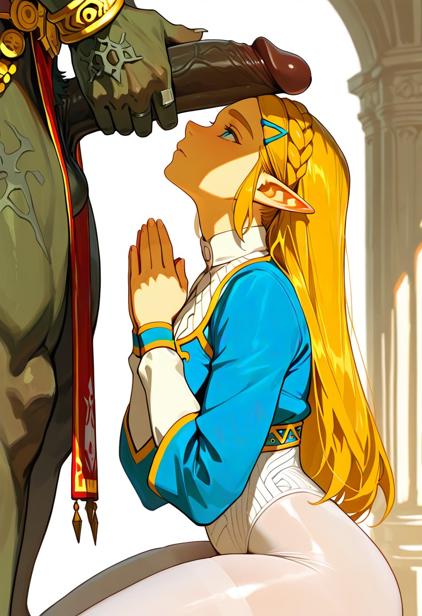 1boy, 1girls, ai generated, captured, ganondorf, imminent rape, prayer hands, praying, princess zelda, royalty, submissive, submissive female, the legend of zelda
