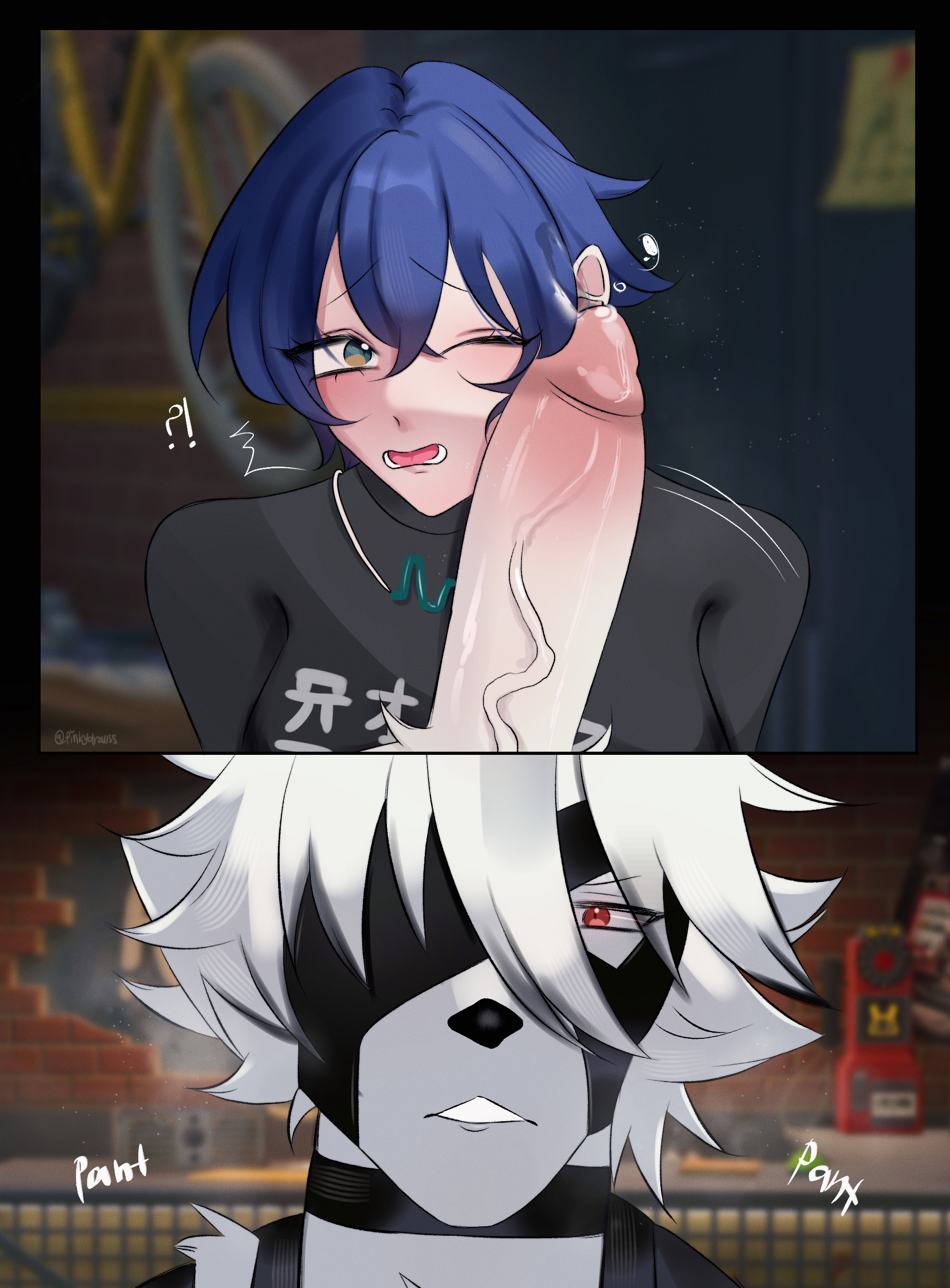 1boy, 1girls, belle (zenless zone zero), blue hair, cock, cock worship, eyepatch, fox, furry, furry male, green eyes, humanoid penis, lycaon, penis, pinkydrawss, precum, precum drip, precum on penis, precum string, red eyes, von lycaon, werewolf, wolf, zenless zone zero
