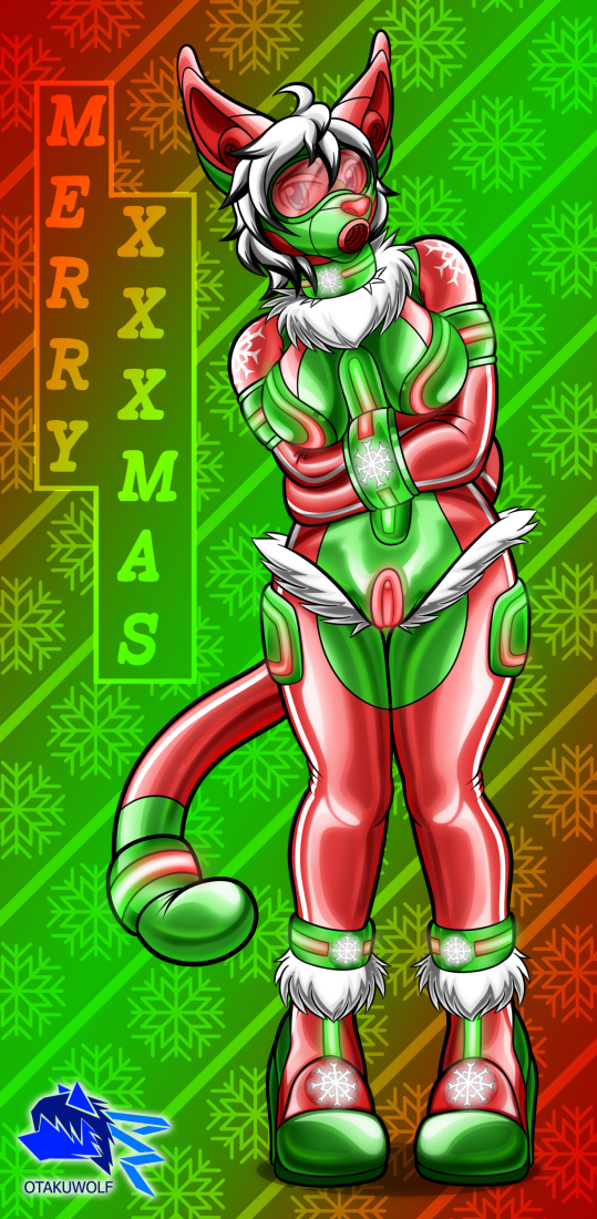 2018 annoyed anthro arms_bound bodysuit bondage boots bound breasts christmas clothed clothing collar domestic_cat felid feline felis female fluffy footwear fully_clothed gag glowing holidays humanoid_pussy humor mammal nox_(disambiguation) nox_(yajuu) open_mouth_gag otakuwolf pinup pose pun pussy ring_gag rubber ski_suit snowflake solo straitjacket tight_clothing visor watermark