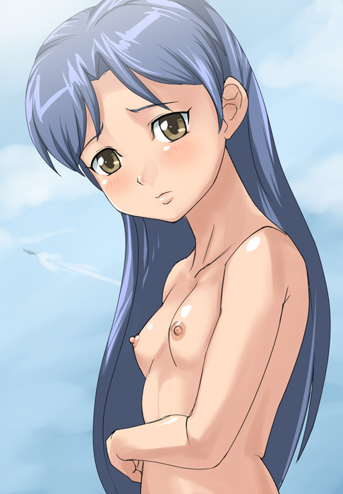 1girls blue_hair blush breasts chihaya_kisaragi female idolmaster kisaragi_chihaya long_hair nipples sky solo topless yellow_eyes