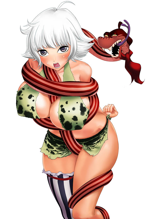 1girls animal asymmetrical_clothes blush bodai breasts clothes female female_focus female_only hair kuja_tribe large_breasts marguerite one_piece one_thighhigh short_hair single_thighhigh snake solo_focus straight_hair thighhighs white_hair