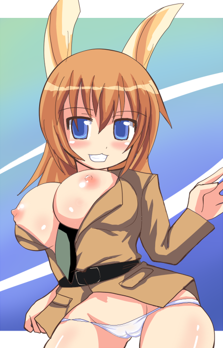 blush breasts brown_hair charlotte_e_yeager clothing comord komoodo large_breasts long_hair nipples panties strike_witches underwear