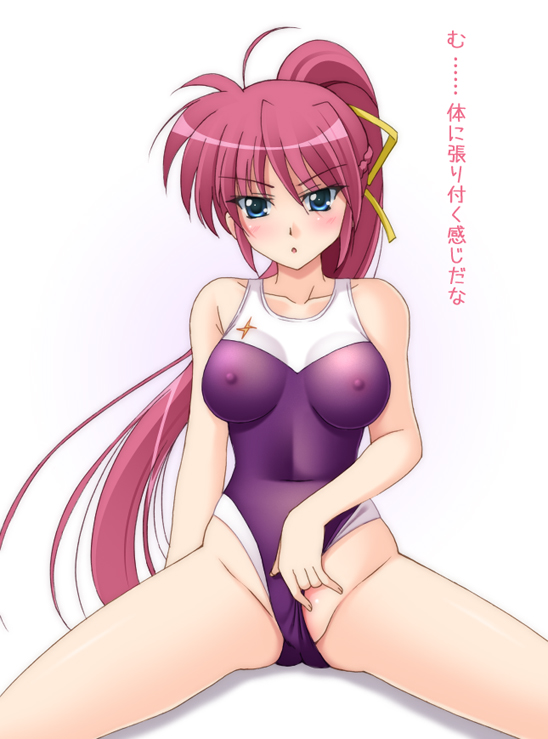 blue_eyes blush breasts competition_swimsuit erect_nipples legs long_hair lyrical_nanoha mahou_shoujo_lyrical_nanoha narutaki_shin nipples one-piece_swimsuit pink_hair ponytail see-through signum skin_tight spread_legs swimsuit swimsuit_aside text thighs tied_hair translated translation_request undressing