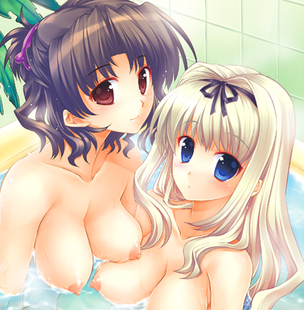 bath blue_eyes breasts kusugawa_sasara large_breasts long_hair lowres multiple_girls nipples short_hair to_heart_(series) to_heart_2 topless water yuzuhara_haruka