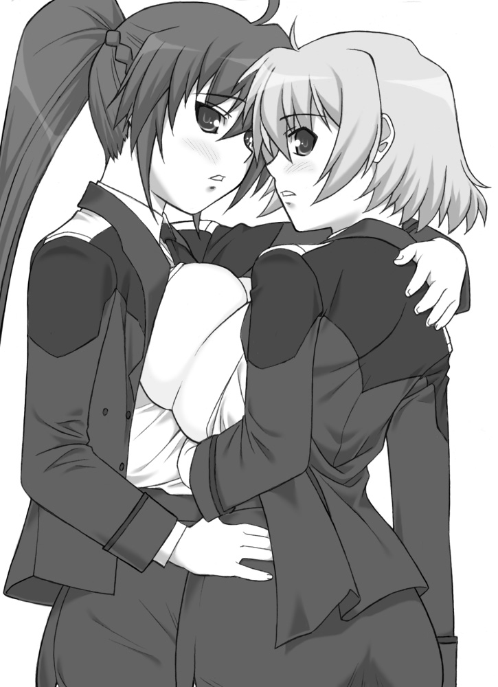 breast_press breasts female lyrical_nanoha mahou_shoujo_lyrical_nanoha mahou_shoujo_lyrical_nanoha_strikers monochrome multiple_girls shamal shichimenchou signum symmetrical_docking yuri