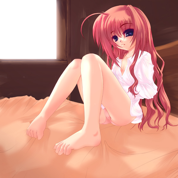 barefoot bed blush bottomless dress_shirt frapowa hair_down lyrical_nanoha mahou_shoujo_lyrical_nanoha mahou_shoujo_lyrical_nanoha_a's mahou_shoujo_lyrical_nanoha_strikers no_pants open_clothes open_shirt panties pantyshot pantyshot_(sitting) pantyshot_sitting pink_panties red_hair shirt sitting solo underwear vita