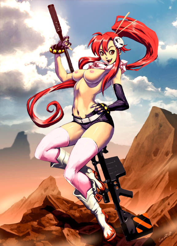 arched_back breasts cloud female genzoman gun looking_at_viewer mountain navel nipples outdoors photoshop ponytail red_hair rifle short_shorts shorts sky smile solo tengen_toppa_gurren_lagann thighhighs tied_hair topless weapon yoko_littner