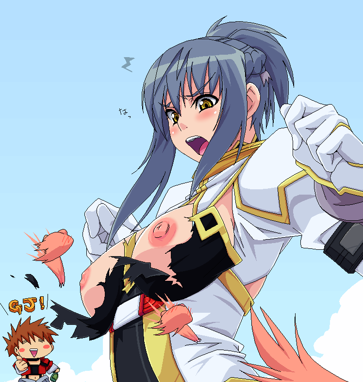 blush blush_stickers braid breasts colored eiji_shigure enf faye_lin_xu faye_xin_lu gravion large_breasts oekaki pixel short_hair tearing_clothes tearing_open_top thumbs_up torn_clothes wardrobe_malfunction yellow_eyes