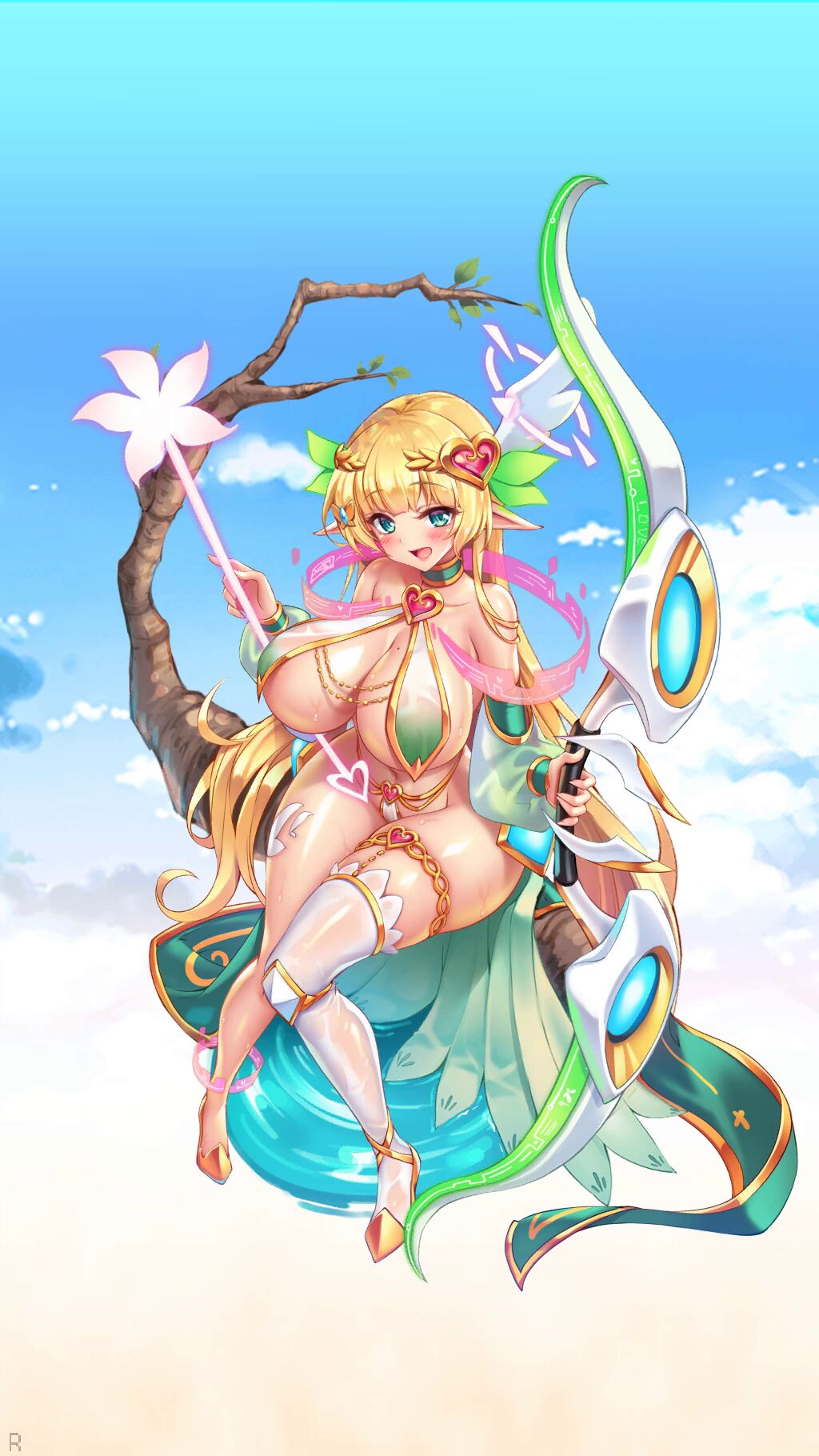 astarte_(project_qt) big_breasts bikini blonde_hair blue_eyes bow bracelet female game_cg heart heels high_heels legwear official_art open_mouth project_qt smile speaking_to_viewer tiara tree wings_on_head yellow_hair