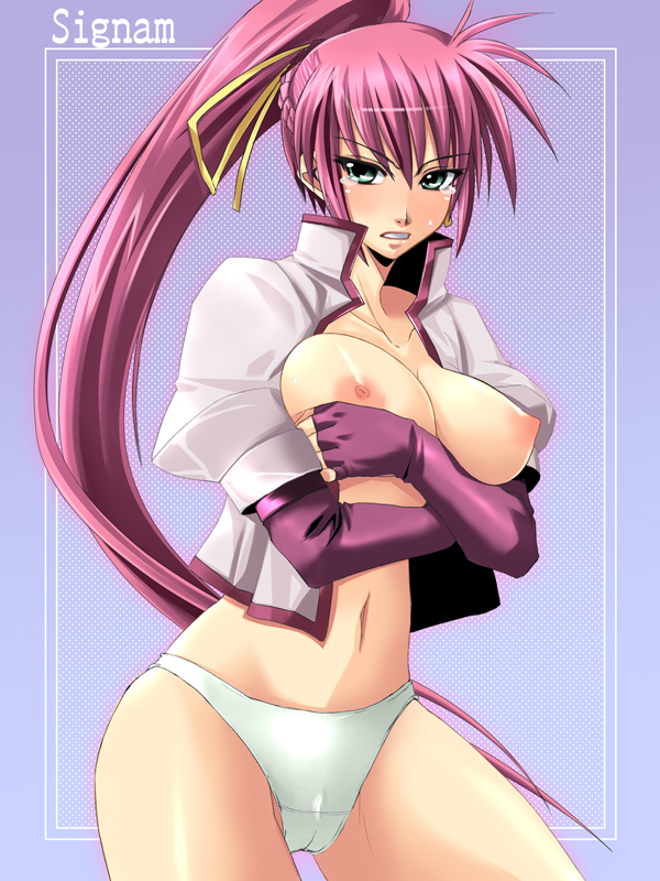 1girls braid breast_squeeze breasts elbow_gloves female female_only fingerless_gloves gloves green_eyes ichimedoo long_hair lyrical_nanoha mahou_shoujo_lyrical_nanoha navel nipples panties pink_hair ponytail signum solo tear tied_hair underwear upset very_long_hair