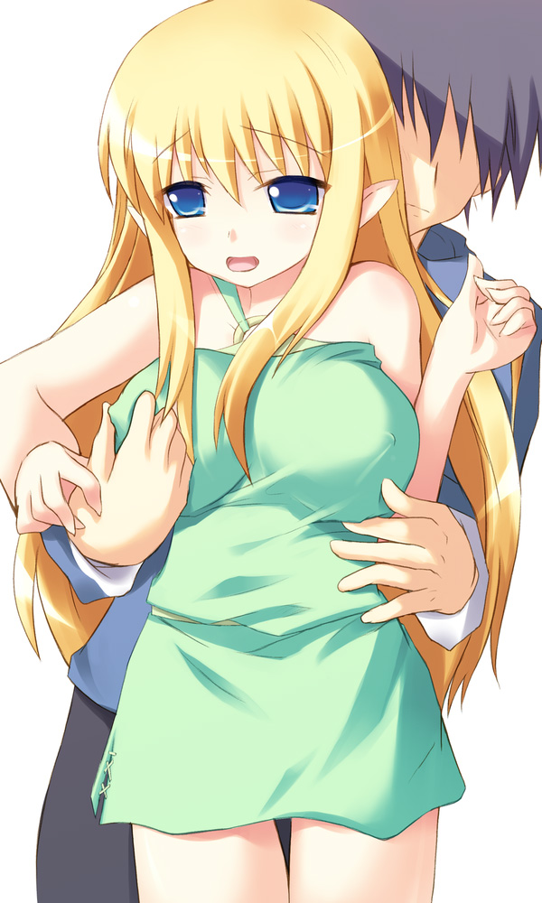 bare_shoulders blonde_hair blue_eyes breast_grab breasts clothing dress elf erect_nipples erect_nipples_under_clothes halter halterneck hiraga_saito large_breasts long_hair nipple_tweak nipples pointy_ears safi saito_hiraga tiffania_westwood zero_no_tsukaima