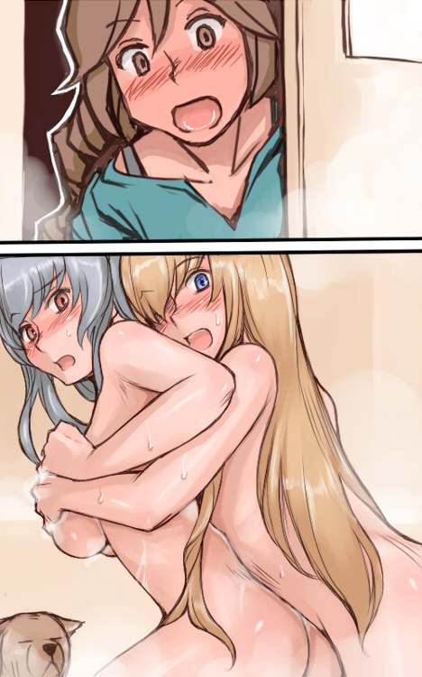 ass bath blonde_hair blue_eyes blush breast_grab breasts brown_eyes brown_hair canine female hair_over_one_eyes hug human incest interspecies large_breasts long_hair multiple_females nude rozen_maiden shinku siblings silver_hair sister sisters suigintou suiseiseki surprised tsuda_nanafushi walk-in wet yuri