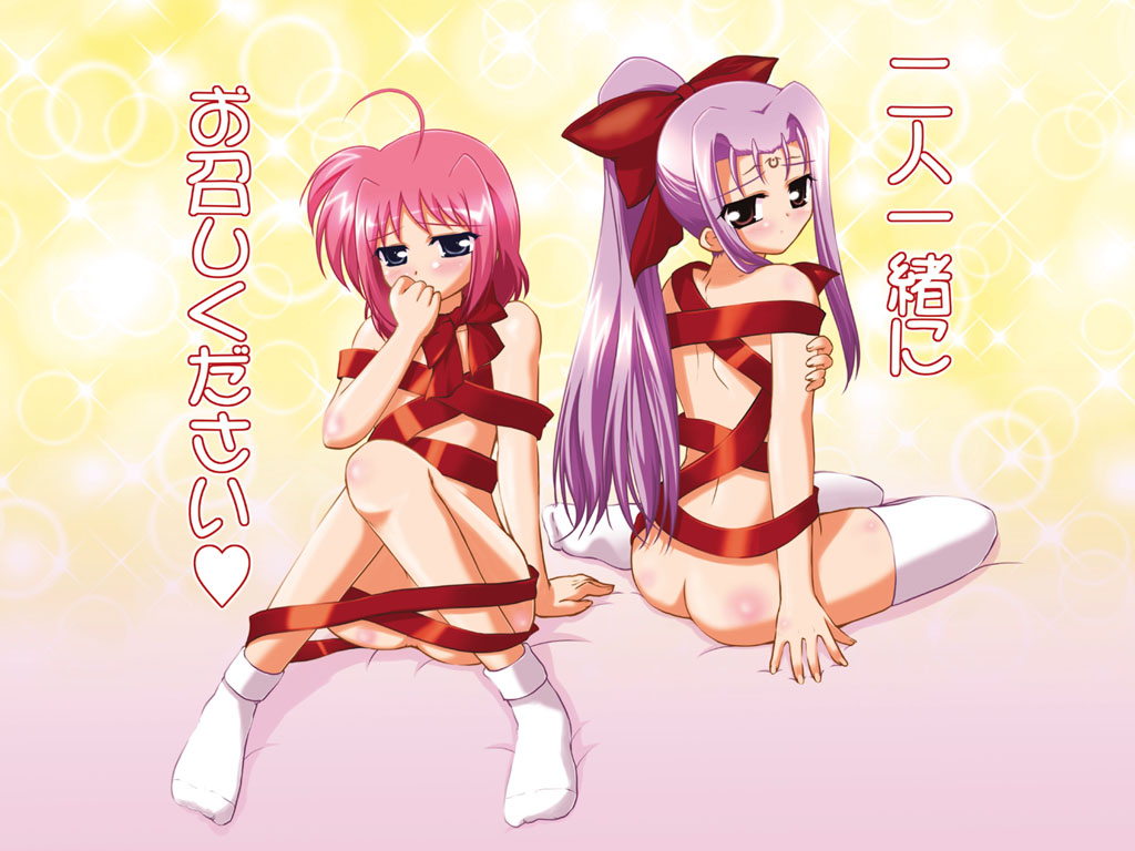 ahoge blush caro_ru_lushe flat_chest footwear lutecia lutecia_alpine lyrical_nanoha mahou_shoujo_lyrical_nanoha mahou_shoujo_lyrical_nanoha_strikers naked_ribbon pink_hair purple_hair ribbon ribbons socks thighhighs translated translation_request valentine