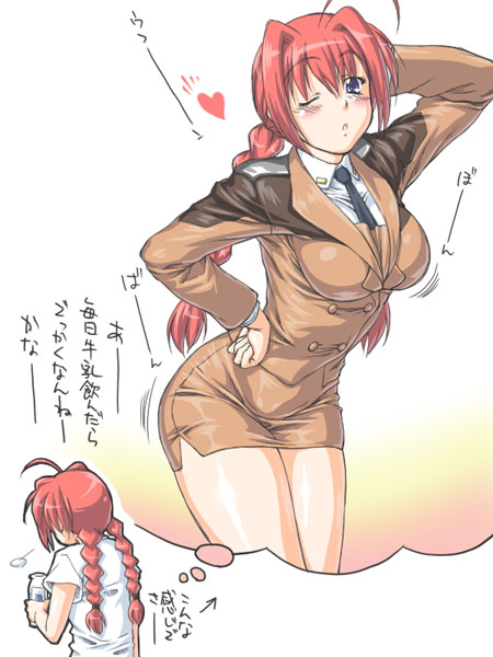 braid breasts jon_shicchiou jyon_shicchiou large_breasts lyrical_nanoha mahou_shoujo_lyrical_nanoha mahou_shoujo_lyrical_nanoha_a's mahou_shoujo_lyrical_nanoha_strikers milk miniskirt necktie red_hair skirt text tied_hair translated twin_braids twintails uniform vita wink