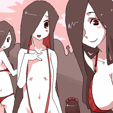 2chan black_hair flat_chest futaba_channel hair_over_one_eyes lowres multiple_girls nijiura_maids oekaki ozoi red_eyes red_swimsuit smile string_bikini swimsuit