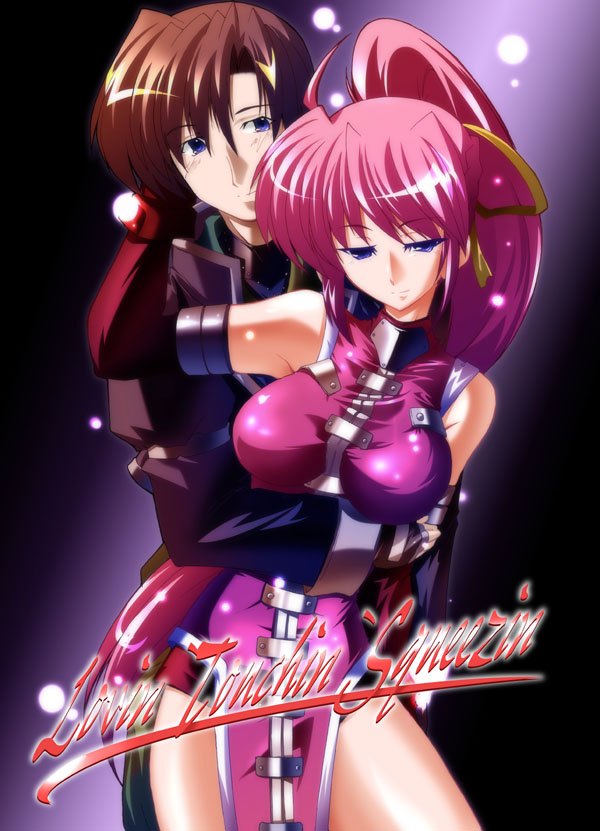 45acp blue_eyes couple elbow_gloves female gloves hug long_hair lyrical_nanoha mahou_shoujo_lyrical_nanoha mahou_shoujo_lyrical_nanoha_a's mahou_shoujo_lyrical_nanoha_strikers pink_hair ponytail signum thighs tied_hair vice_granscenic